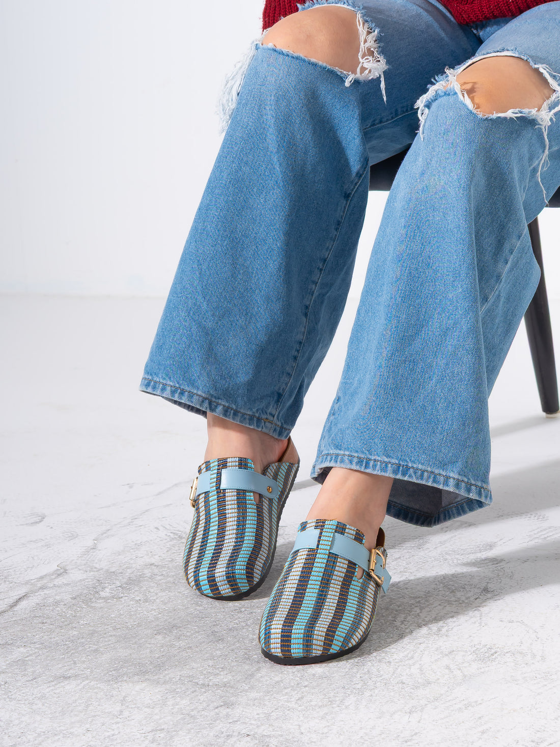 Striped Woven Fabric Buckle Clogs - BLUE