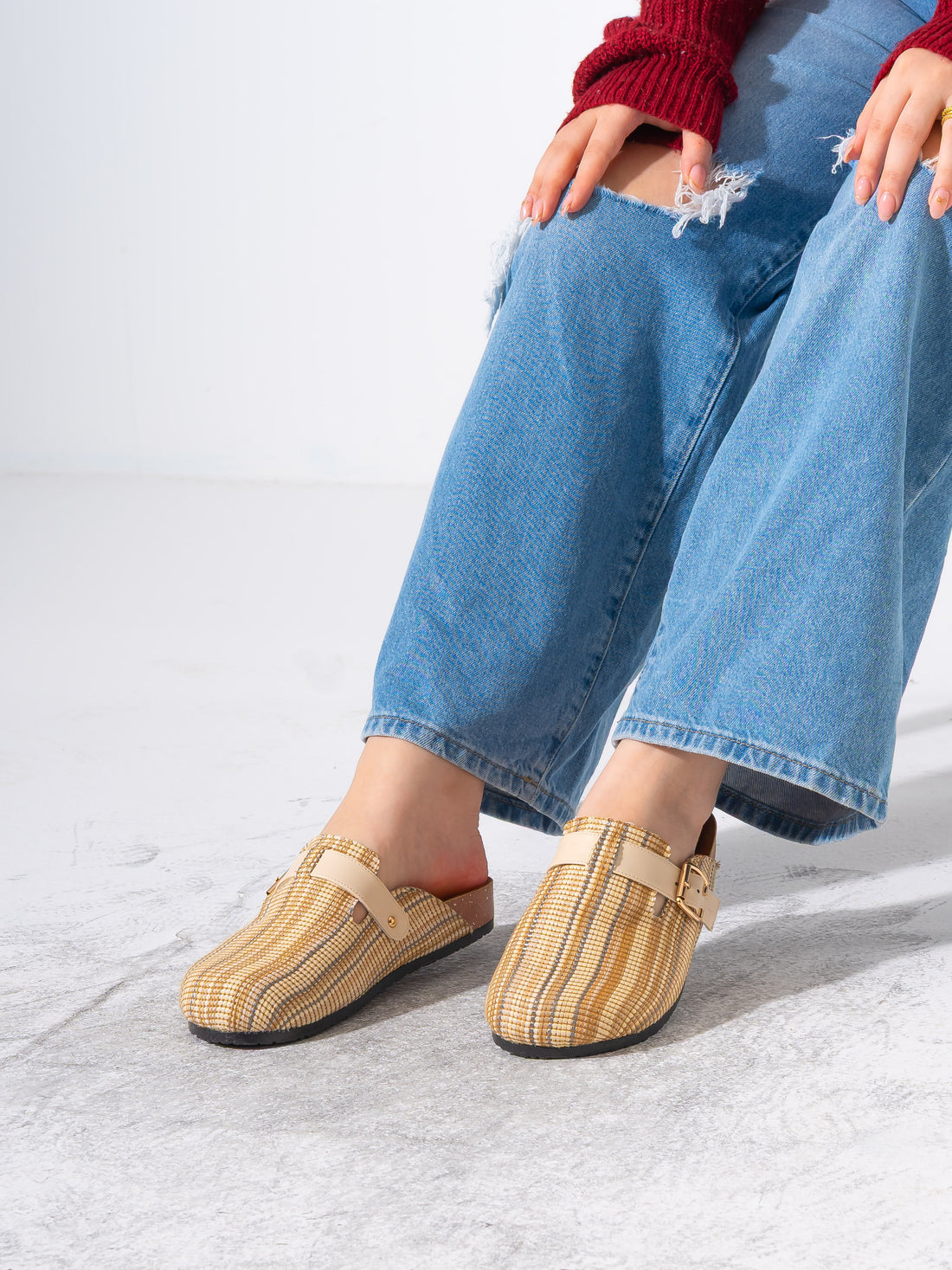 Striped Woven Fabric Buckle Clogs - BEIGE