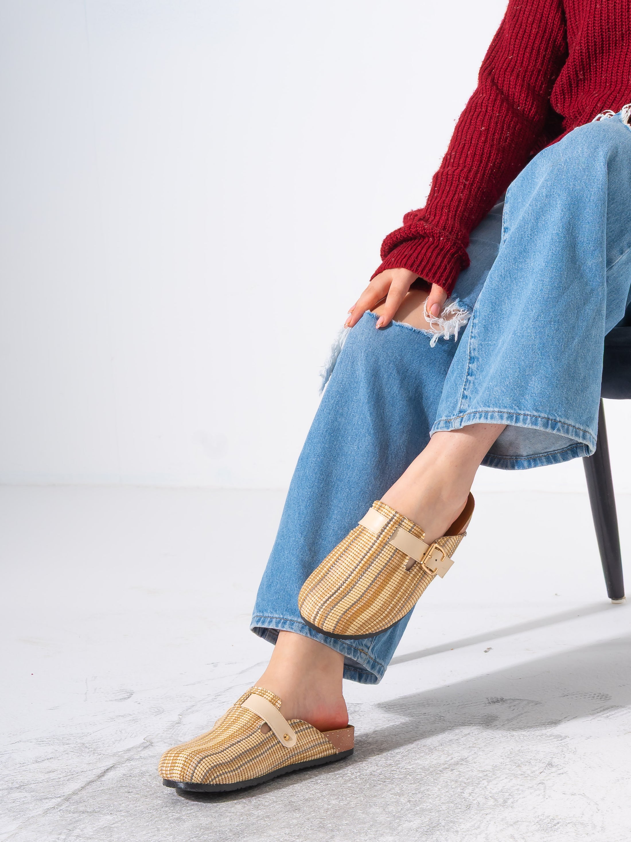 Striped Woven Fabric Buckle Clogs - BEIGE