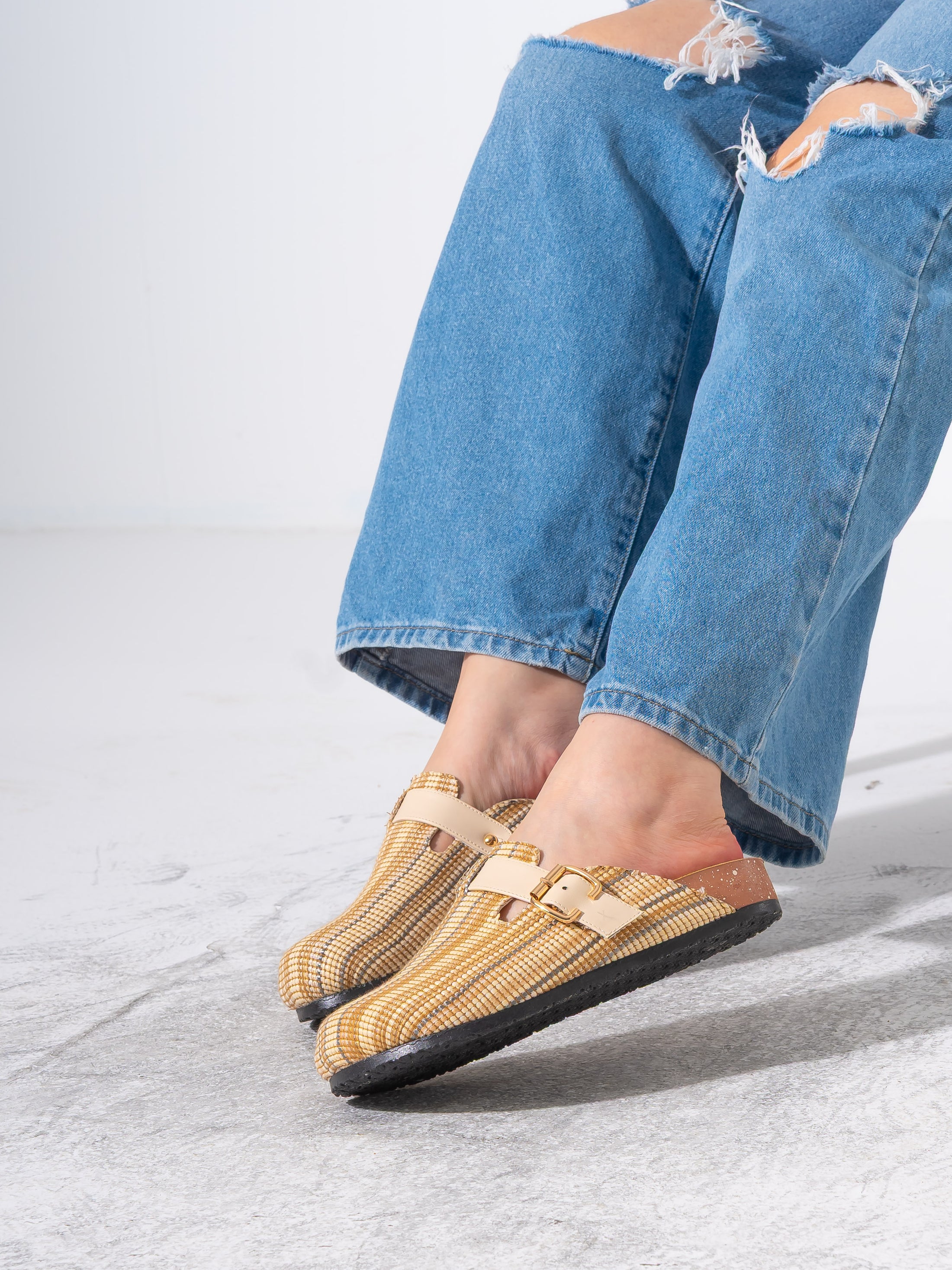 Striped Woven Fabric Buckle Clogs - BEIGE