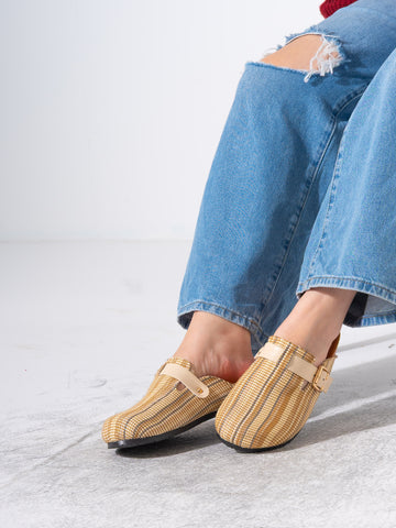 Striped Woven Fabric Buckle Clogs - BEIGE