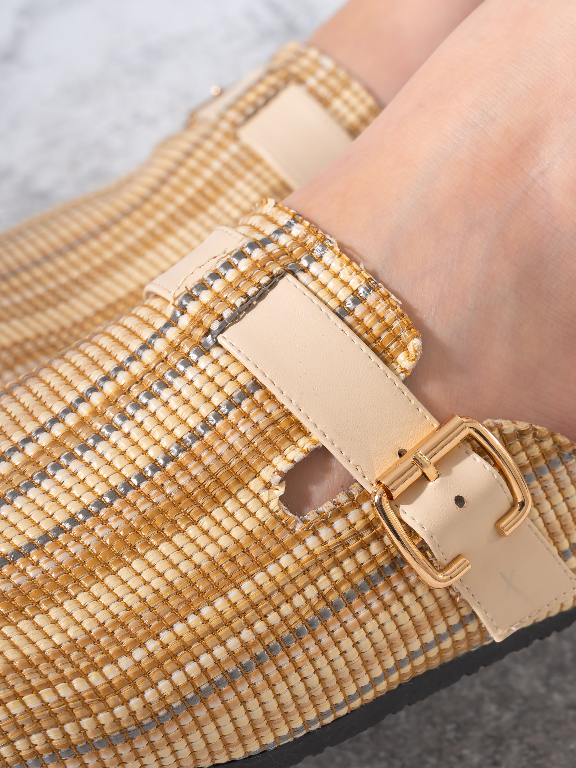 Striped Woven Fabric Buckle Clogs - BEIGE