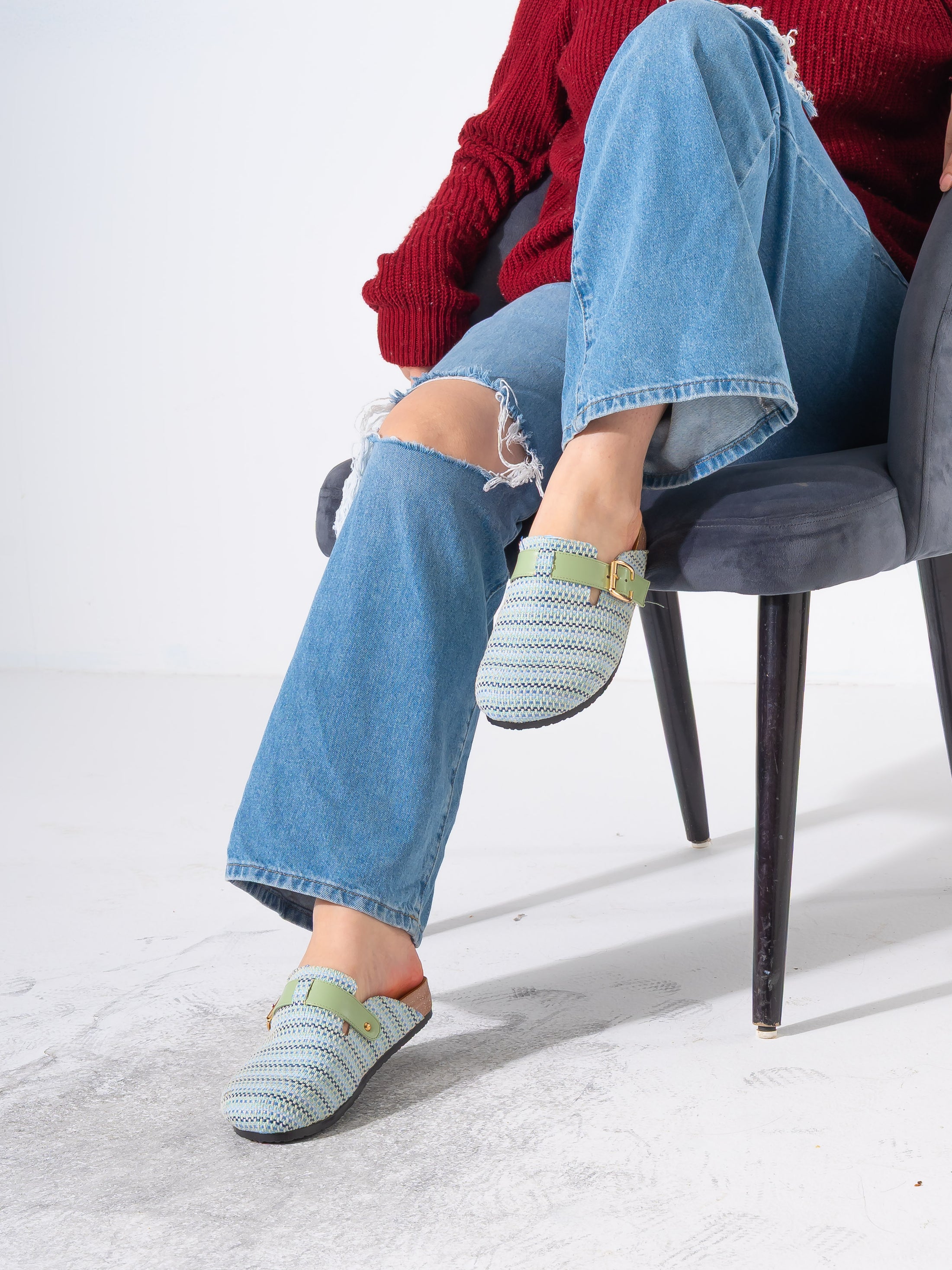 Woven Raffia Buckle Clogs - GREEN