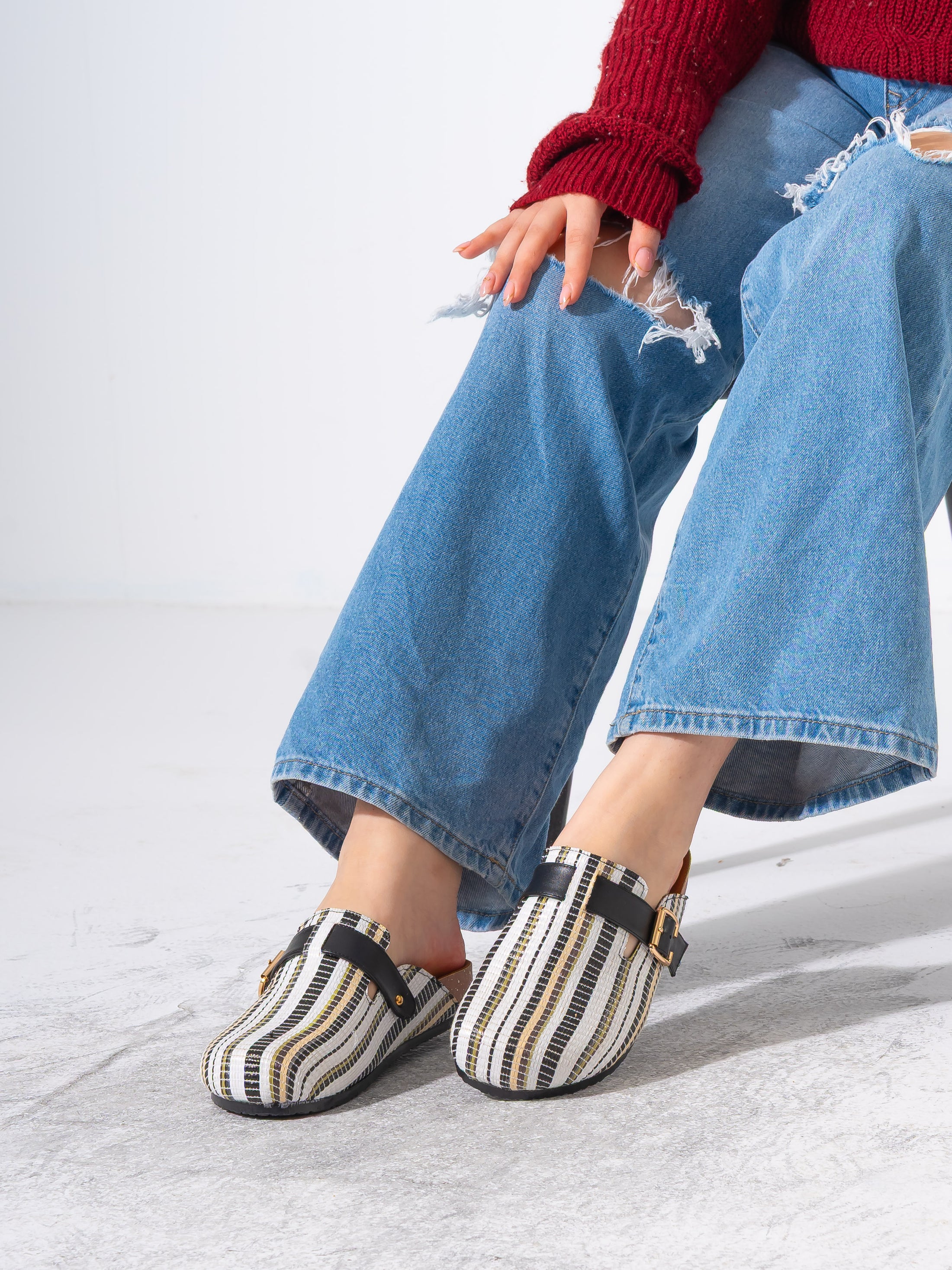 Striped Woven Fabric Buckle Clogs - BLACK
