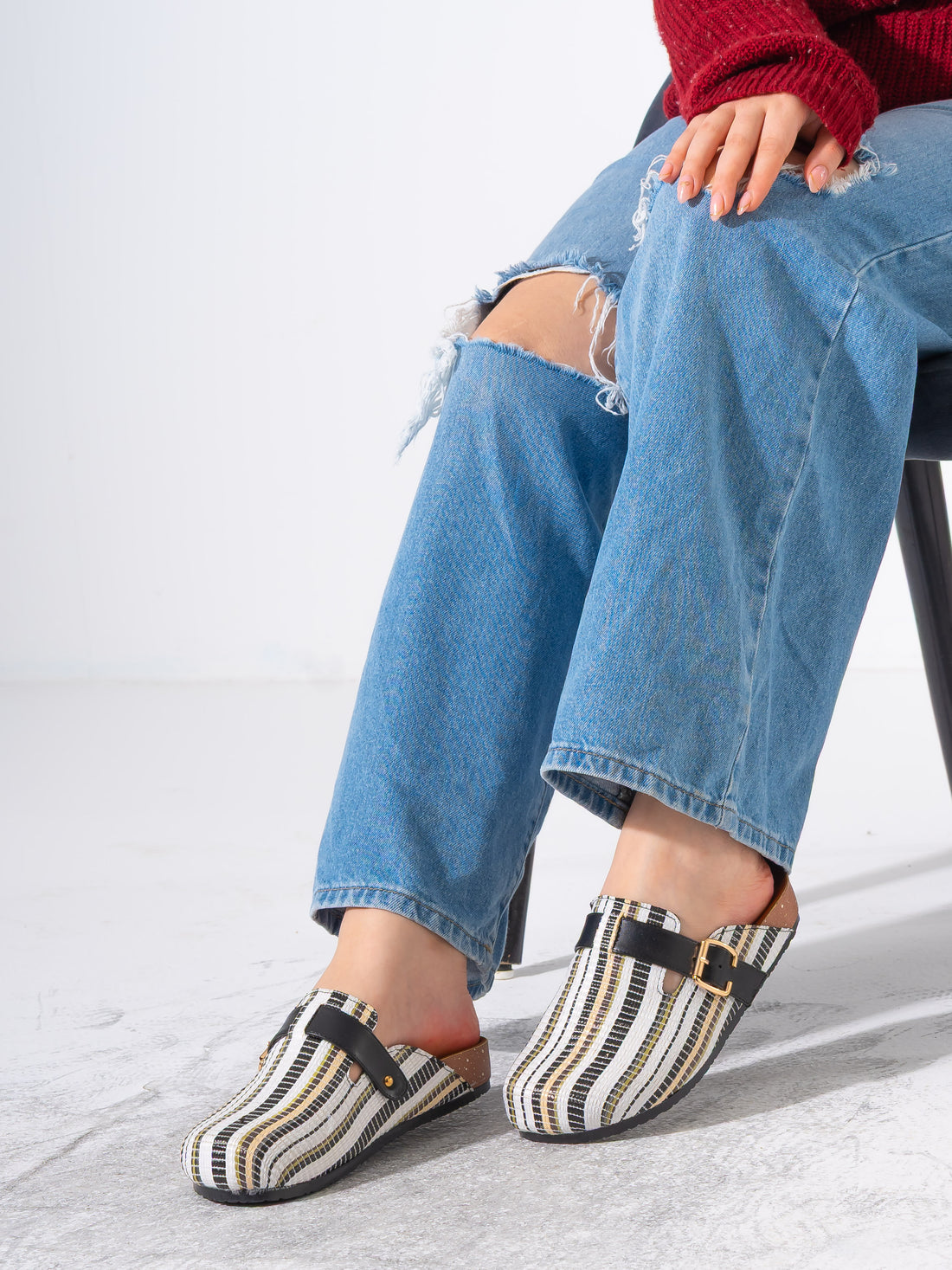 Striped Woven Fabric Buckle Clogs - BLACK