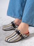 Load image into Gallery viewer, Striped Woven Fabric Buckle Clogs - BLACK
