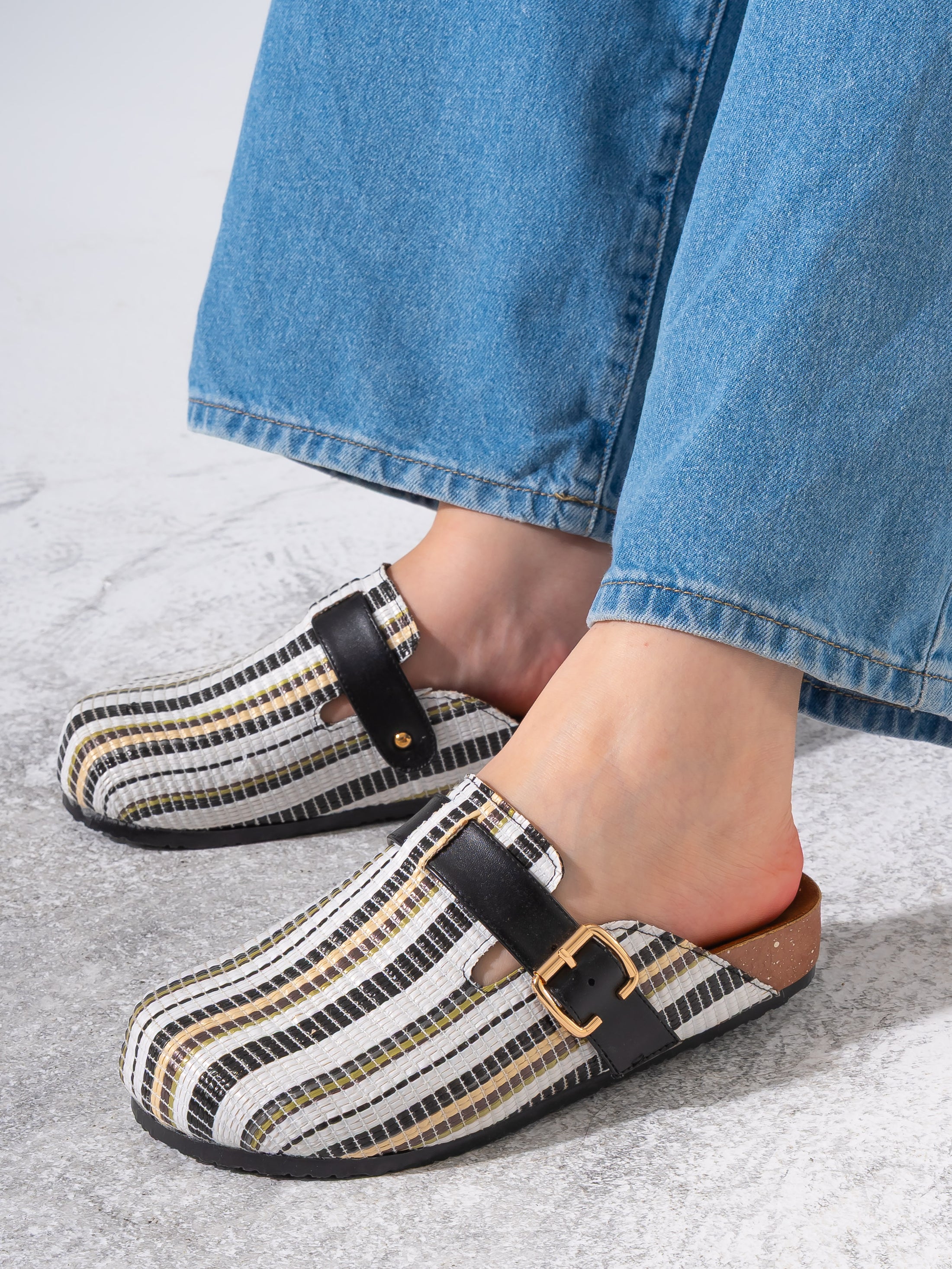 Striped Woven Fabric Buckle Clogs - BLACK