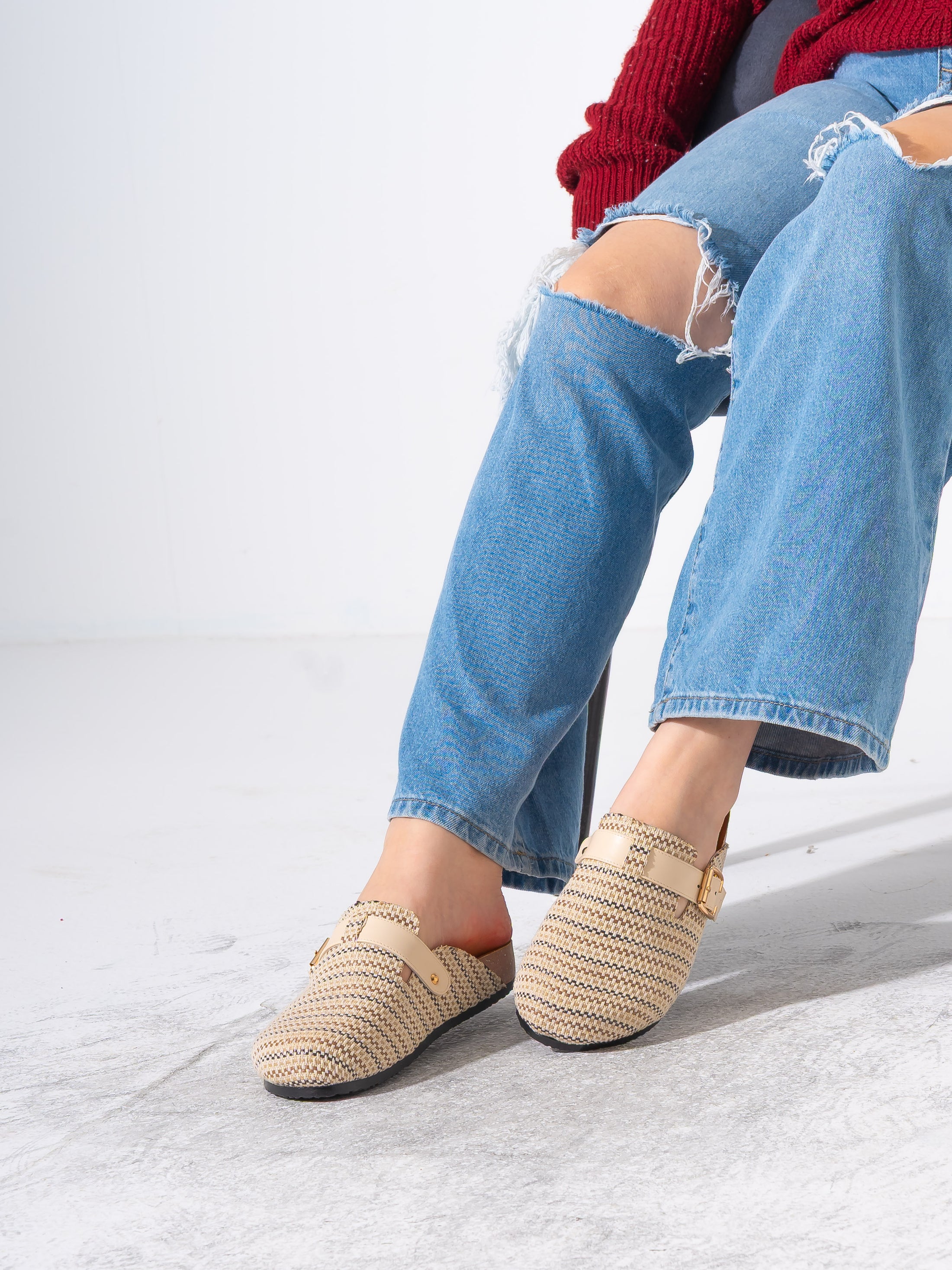 Woven Raffia Buckle Clogs - BEIGE
