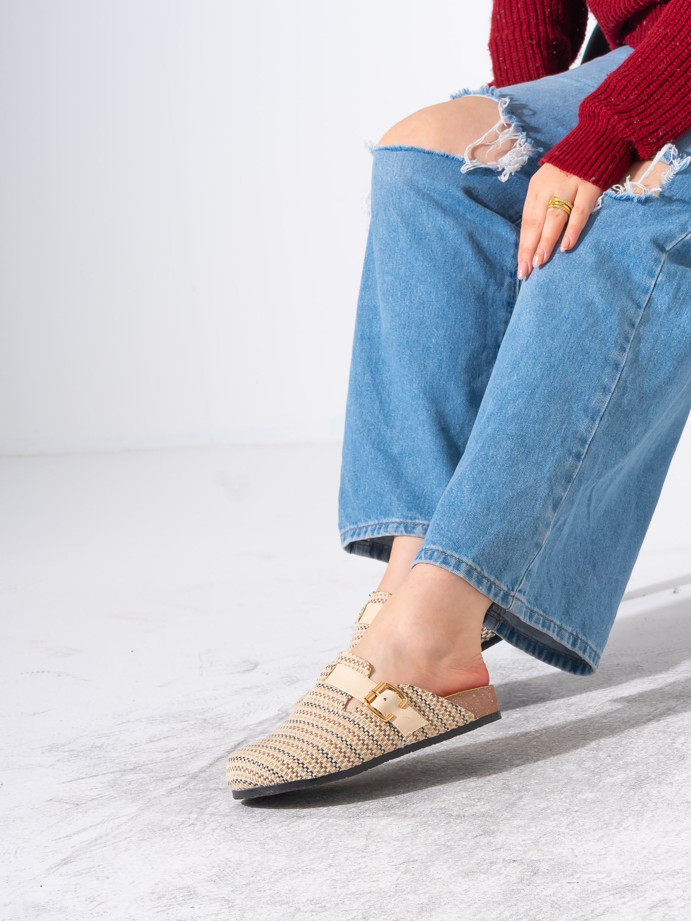 Woven Raffia Buckle Clogs - BEIGE