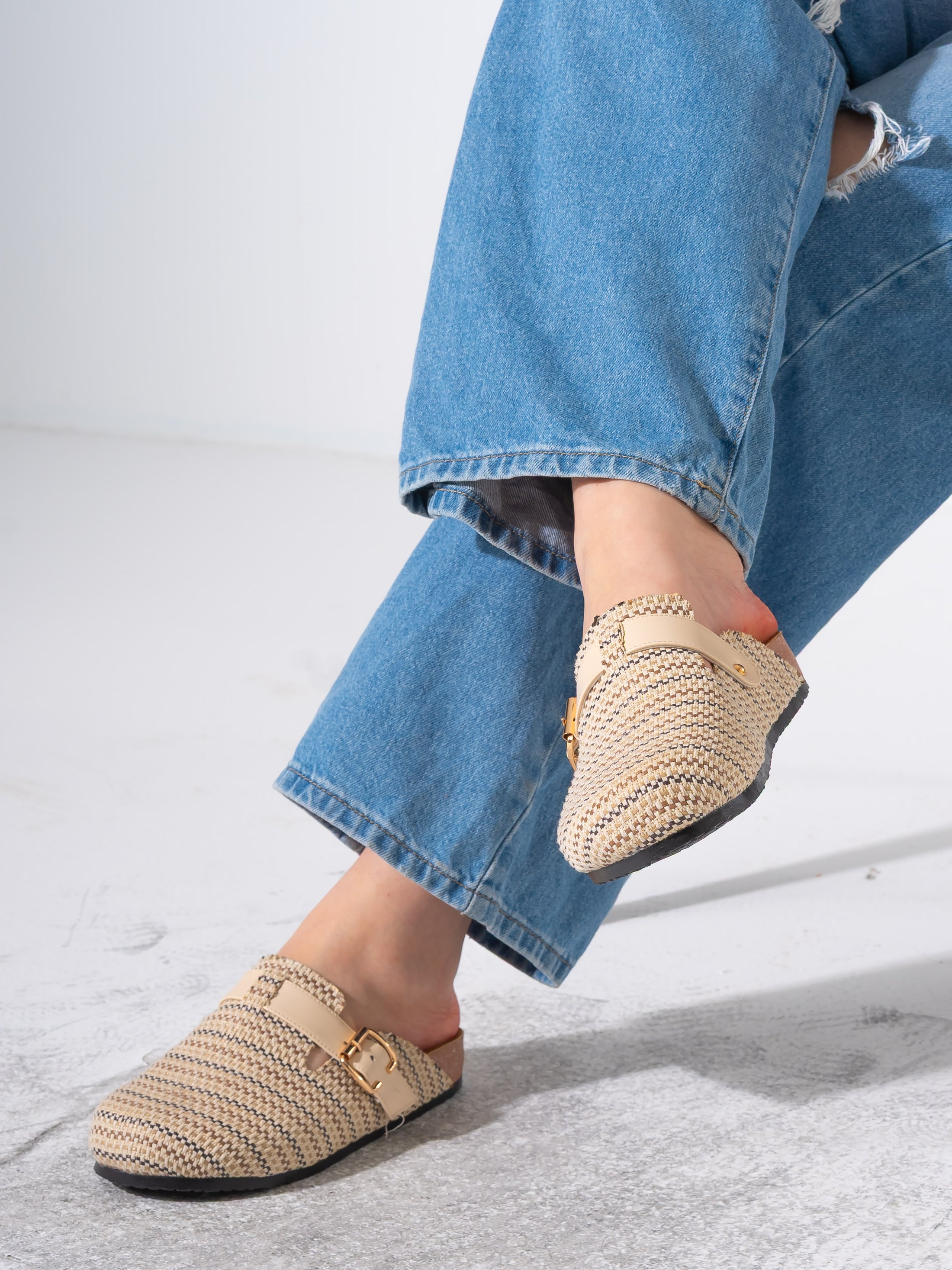 Woven Raffia Buckle Clogs - BEIGE
