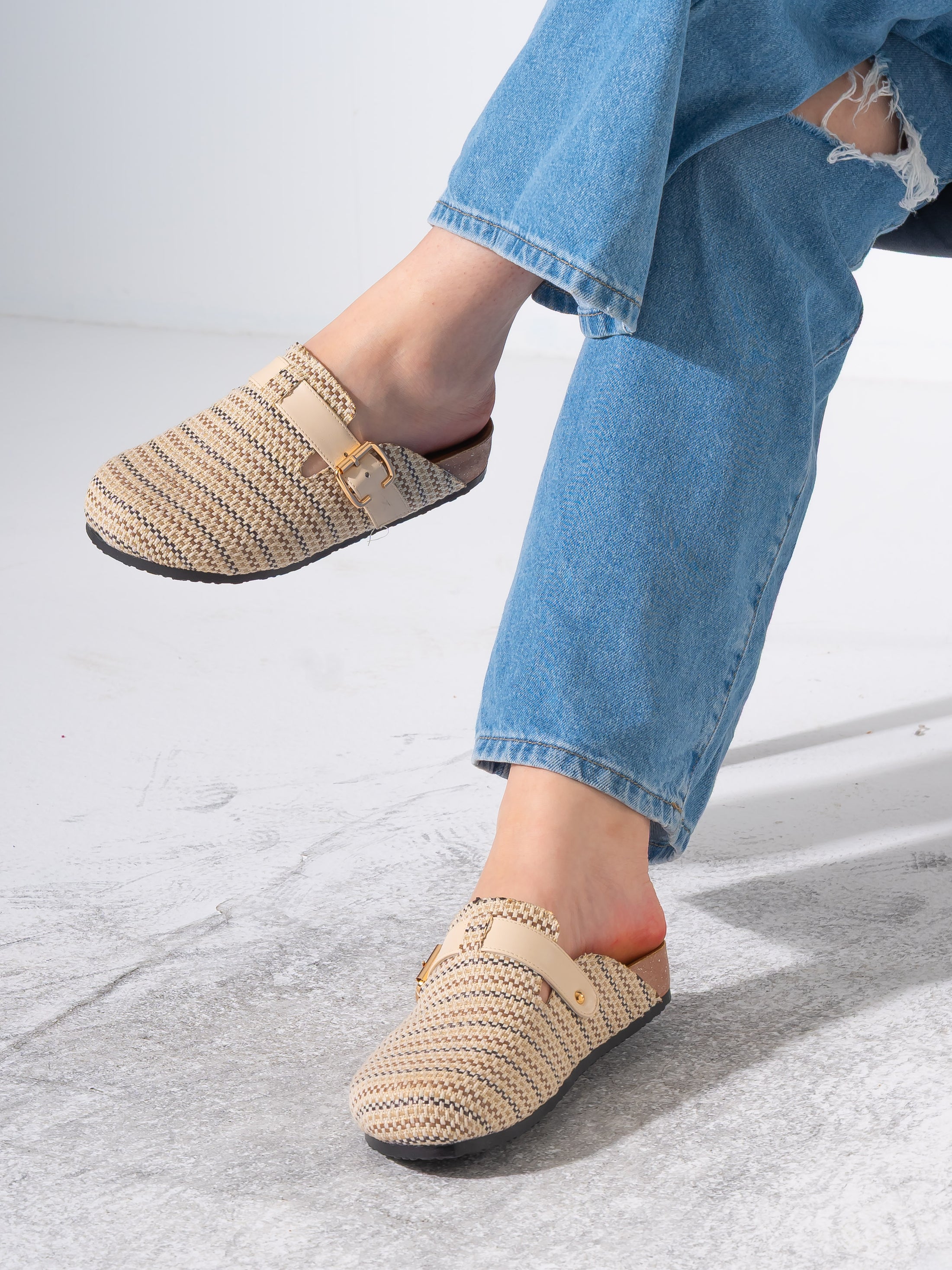 Woven Raffia Buckle Clogs - BEIGE