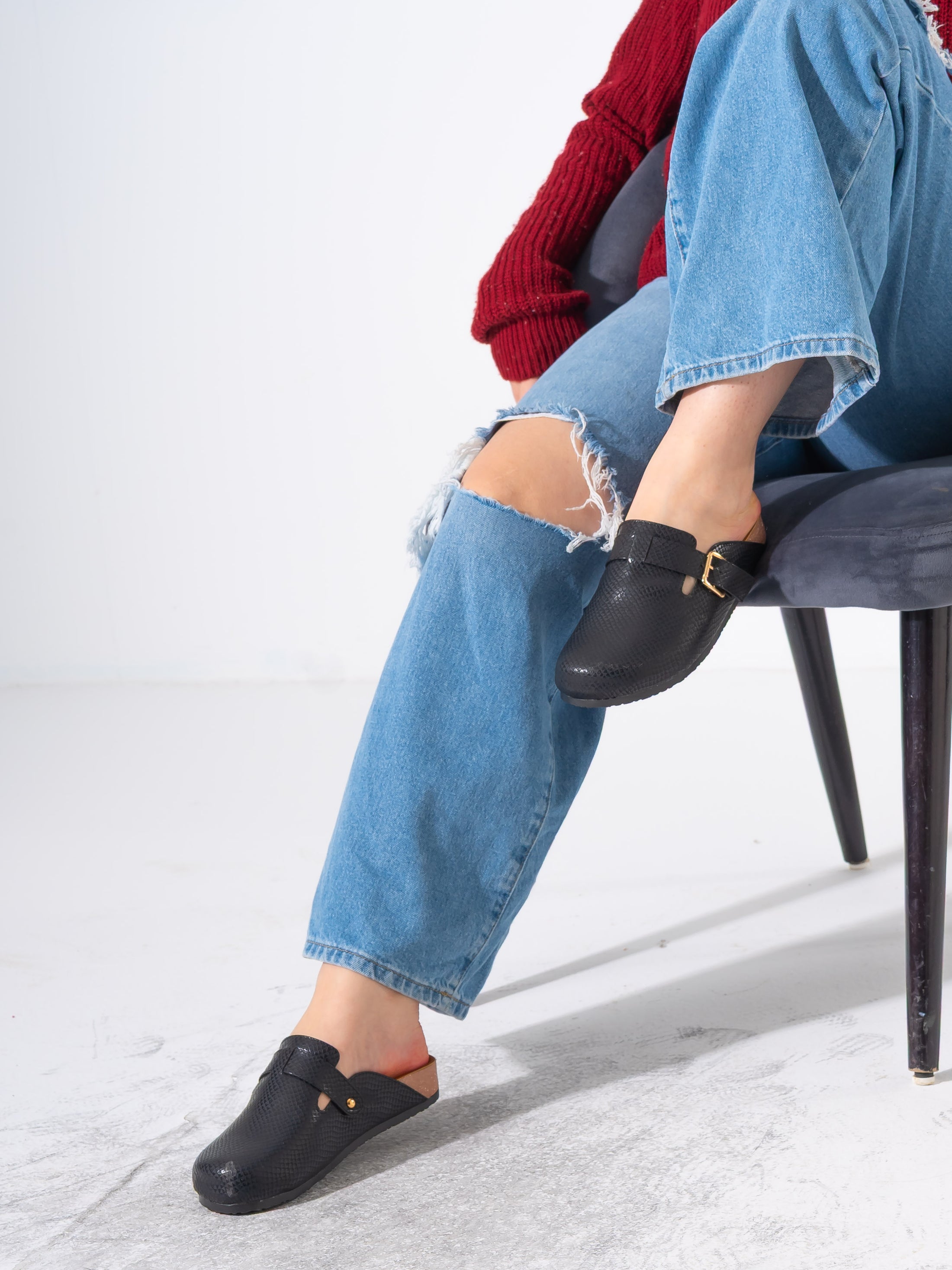Snake-Embossed Buckle Clogs - BLACK