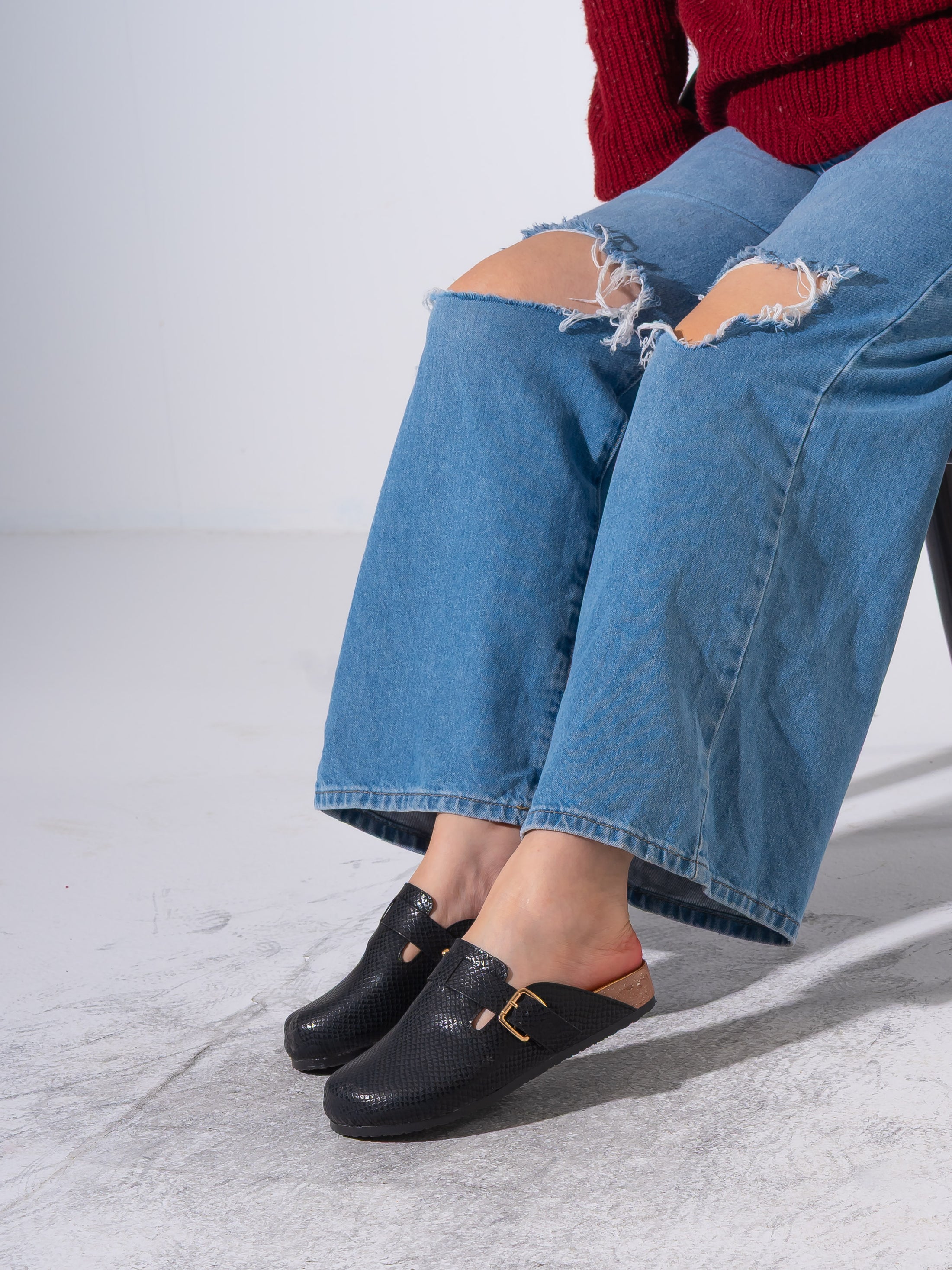 Snake-Embossed Buckle Clogs - BLACK