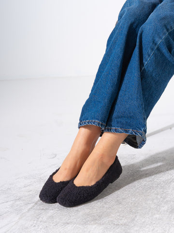 Teddy Sherpa Ballerina Flats - BLACK