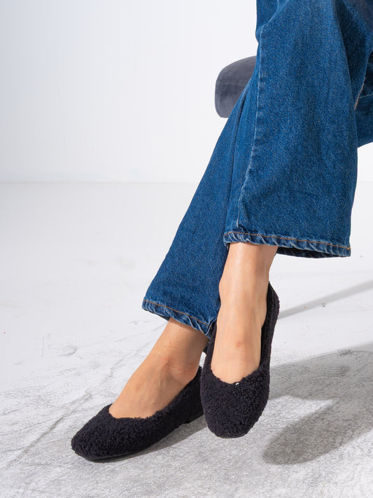 Teddy Sherpa Ballerina Flats - BLACK