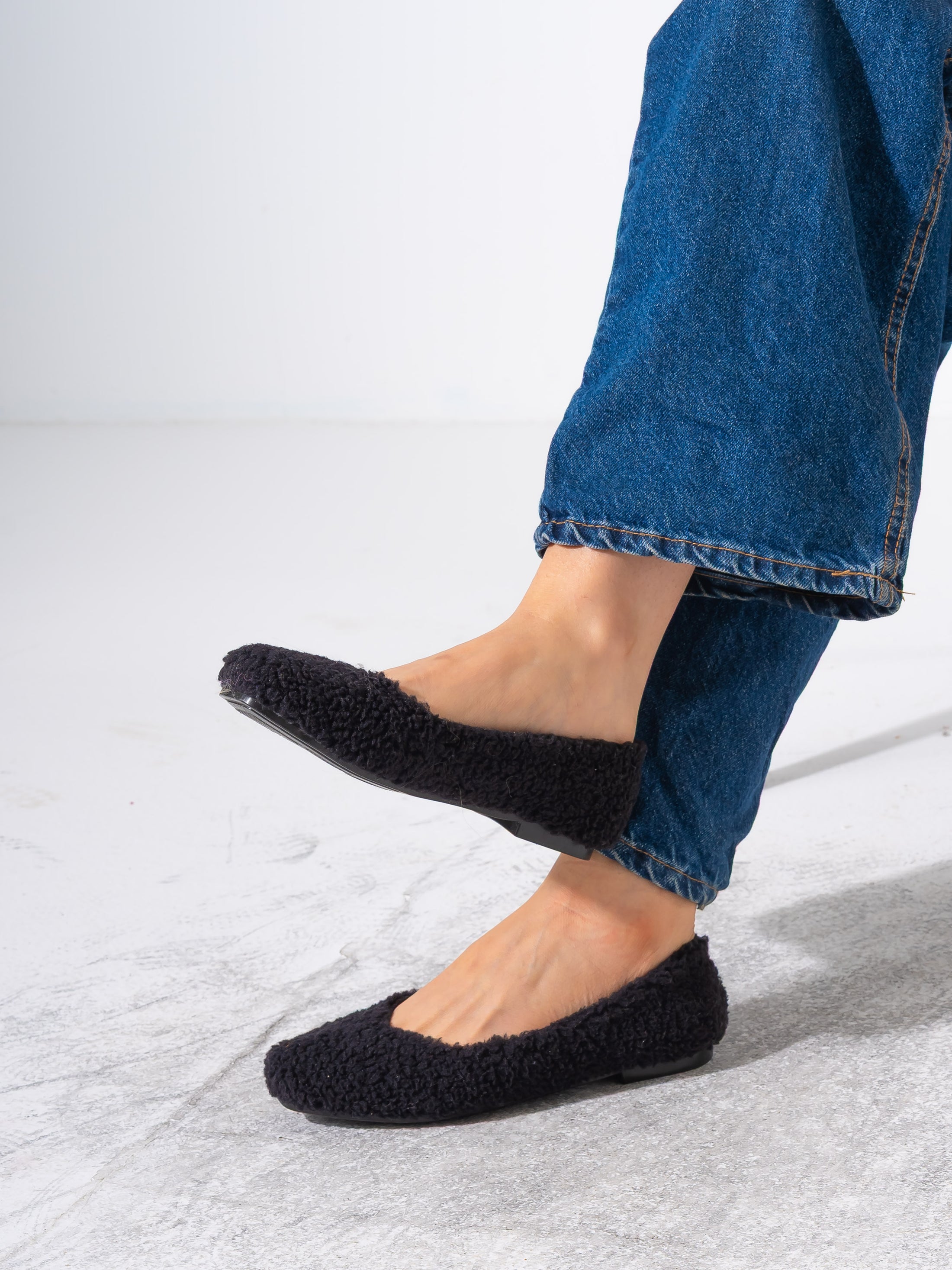 Teddy Sherpa Ballerina Flats - BLACK