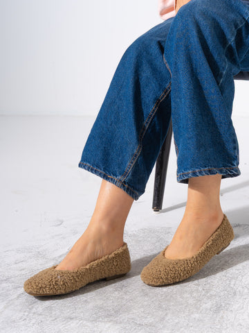 Teddy Sherpa Ballerina Flats - CAFE