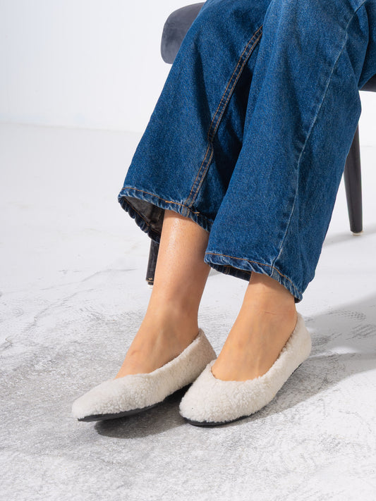 Teddy Sherpa Ballerina Flats - WHITE