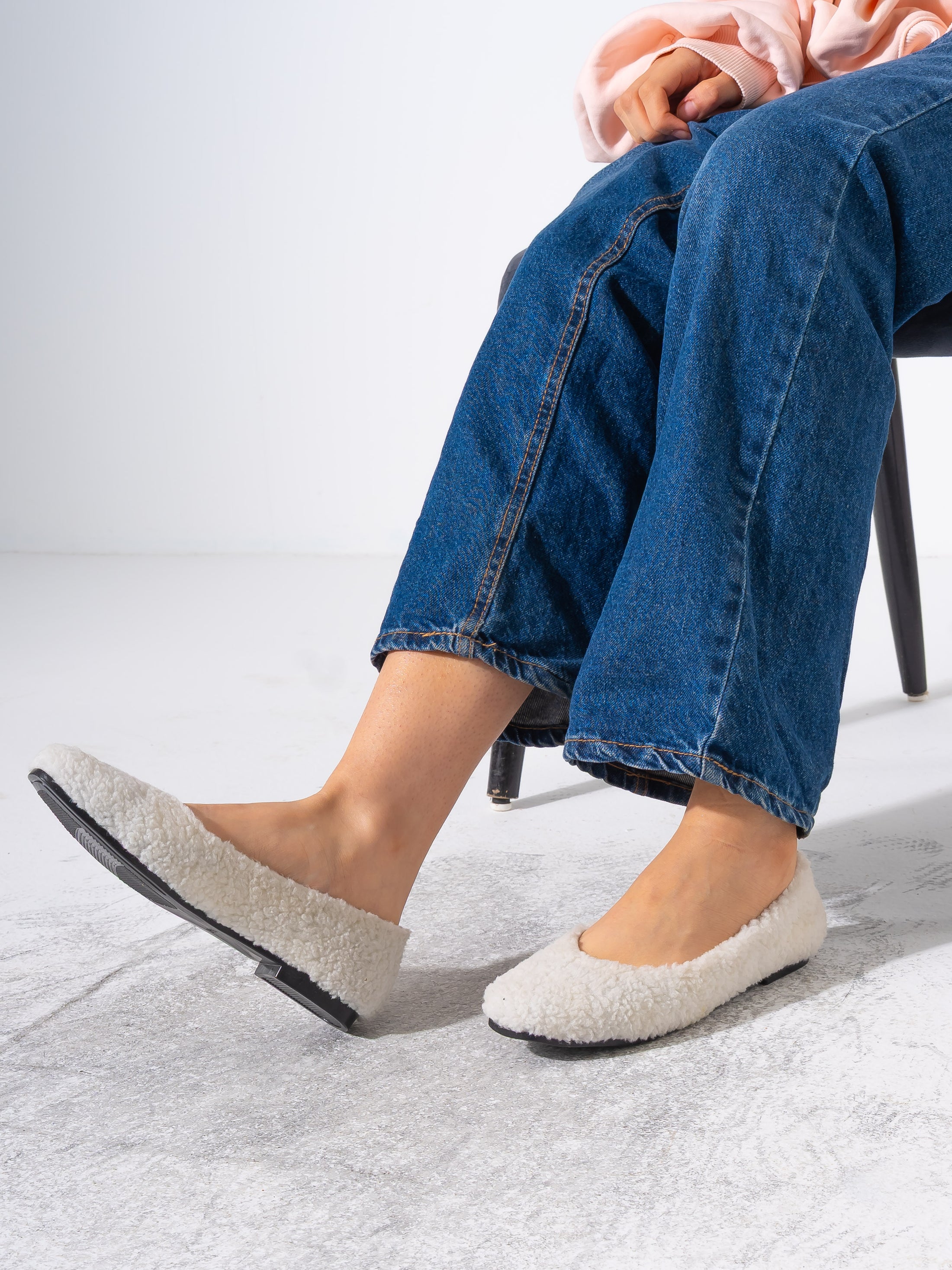 Teddy Sherpa Ballerina Flats - WHITE
