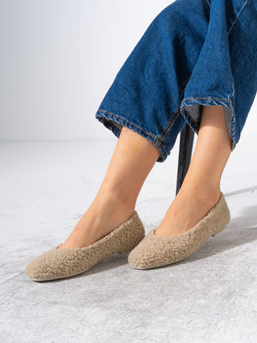 Teddy Sherpa Ballerina Flats - BEIGE