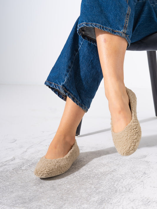 Teddy Sherpa Ballerina Flats - BEIGE