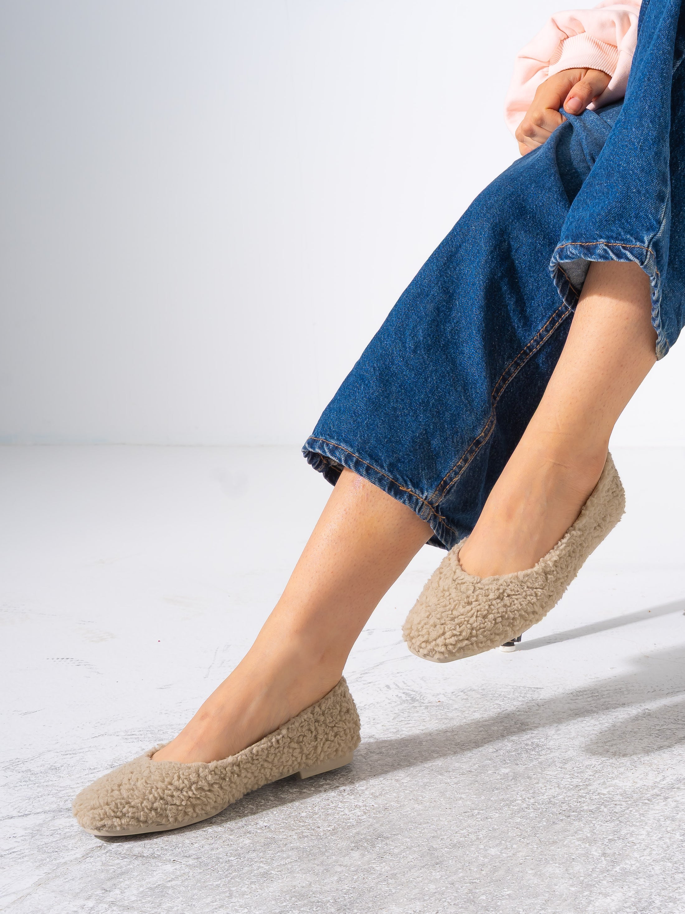 Teddy Sherpa Ballerina Flats - BEIGE