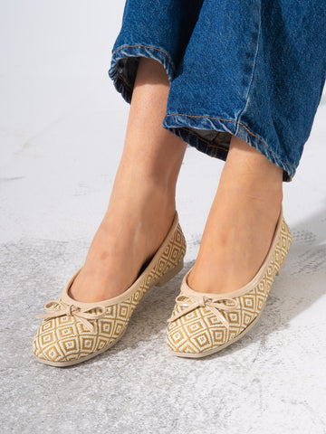 Square-Toe Embroidered Flat - BEIGE