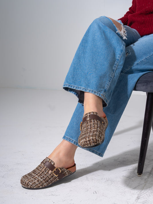 Tweed Buckle-Strap Clogs - BROWN
