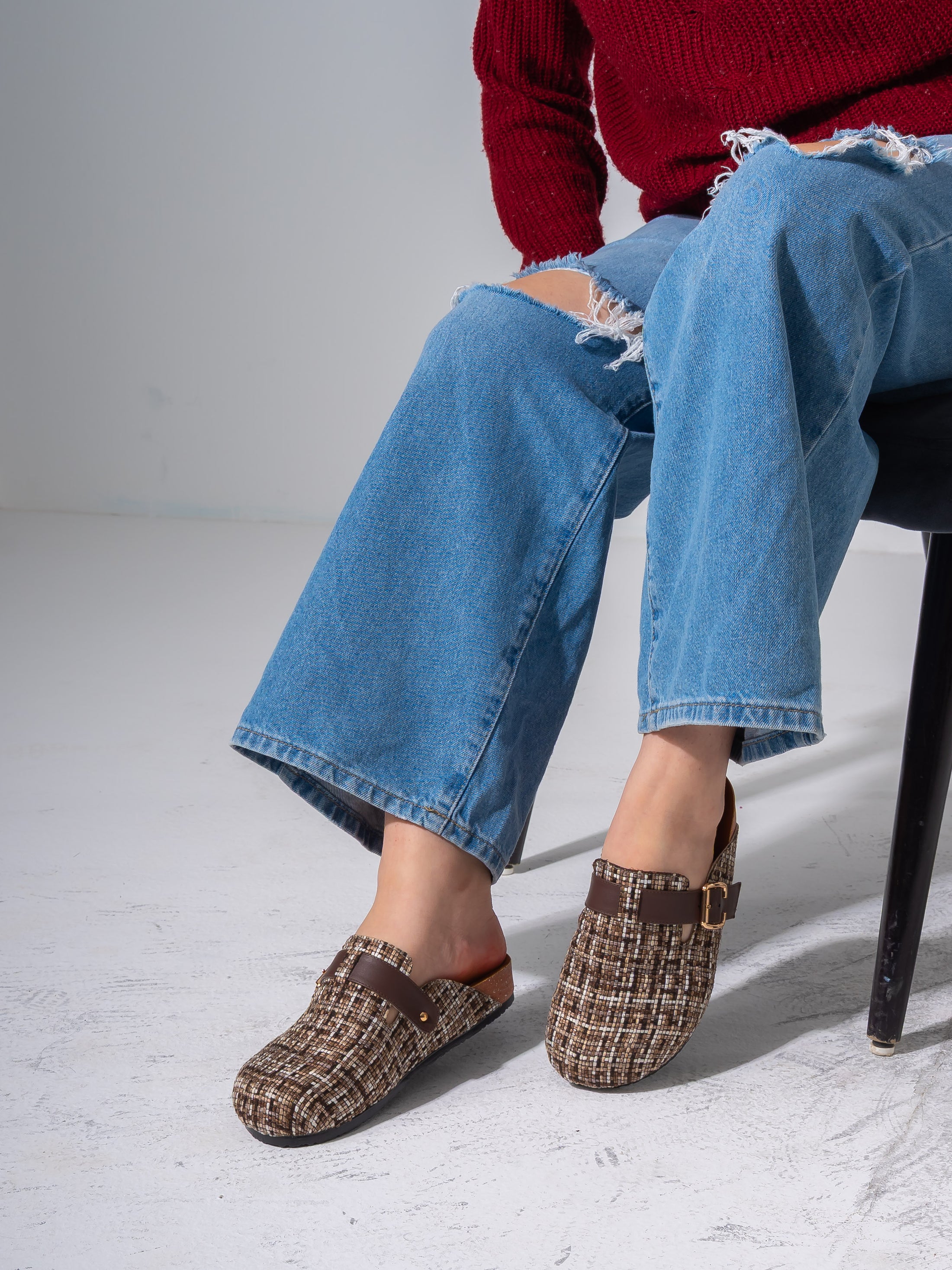 Tweed Buckle-Strap Clogs - BROWN