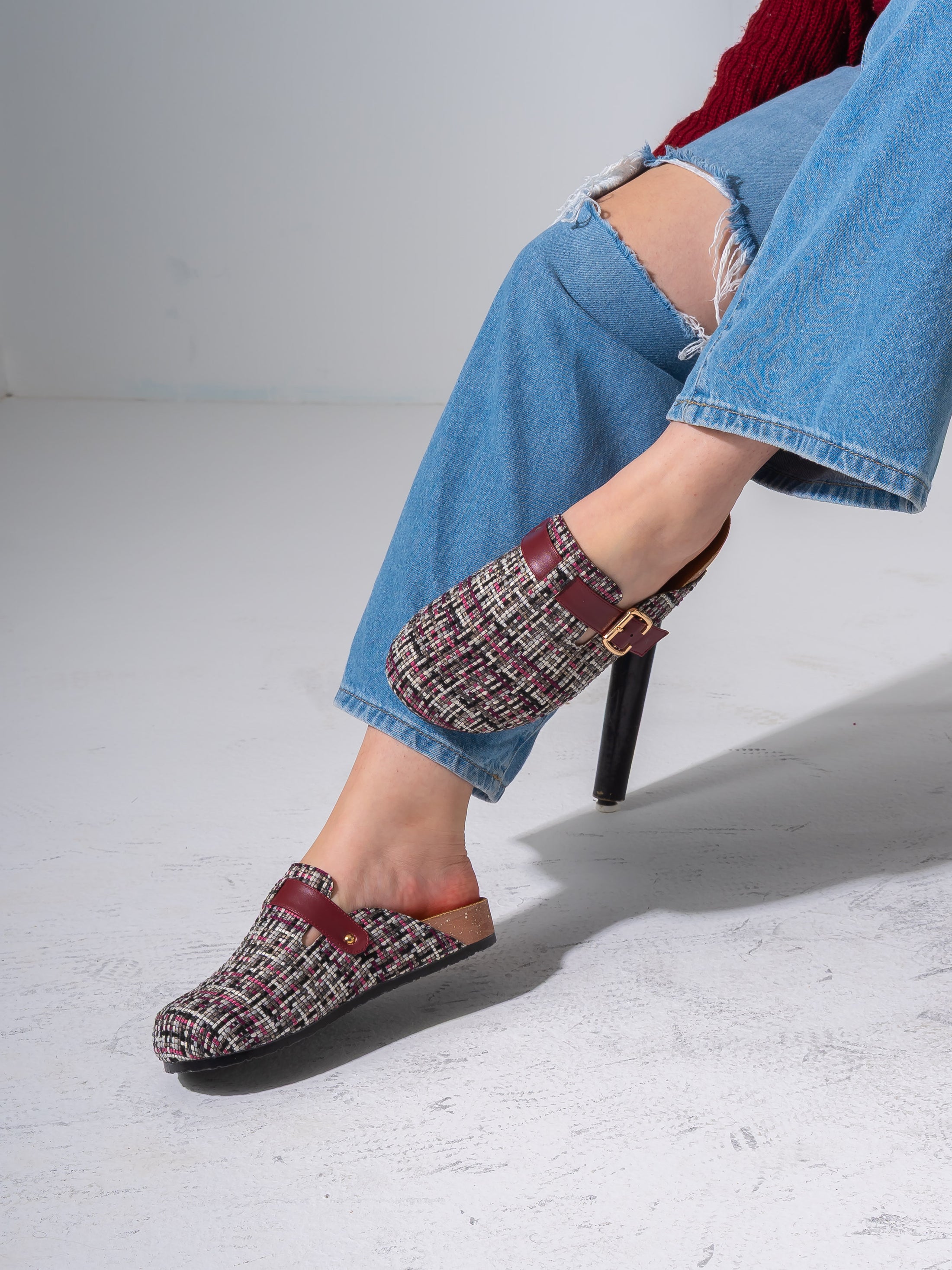 Tweed Buckle-Strap Clogs - MARRON