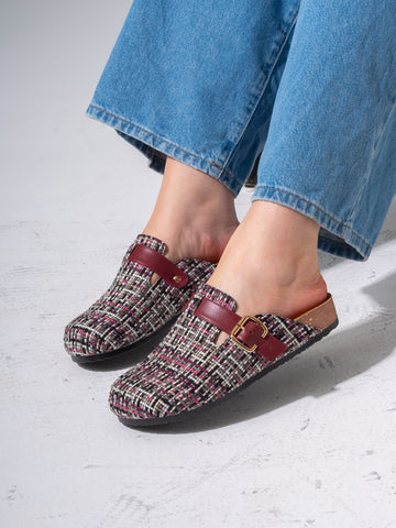 Tweed Buckle-Strap Clogs - MARRON
