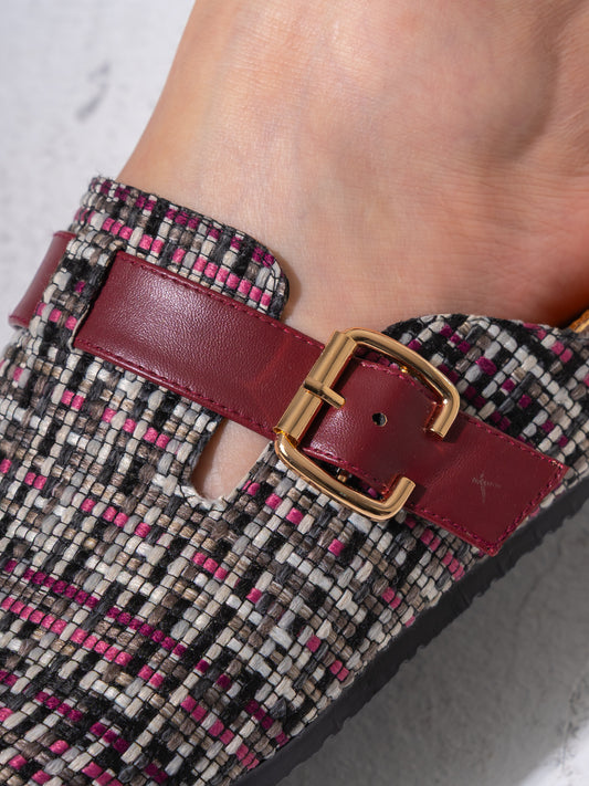 Tweed Buckle-Strap Clogs - MARRON