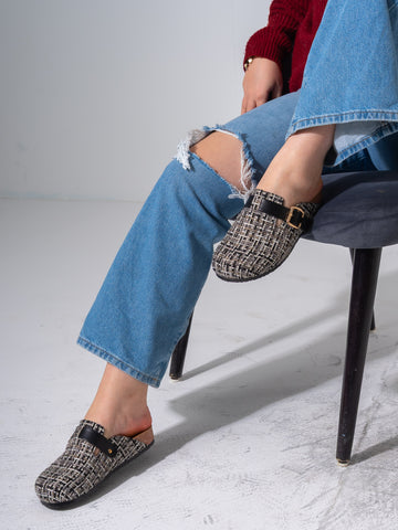 Tweed Buckle-Strap Clogs - BLACK