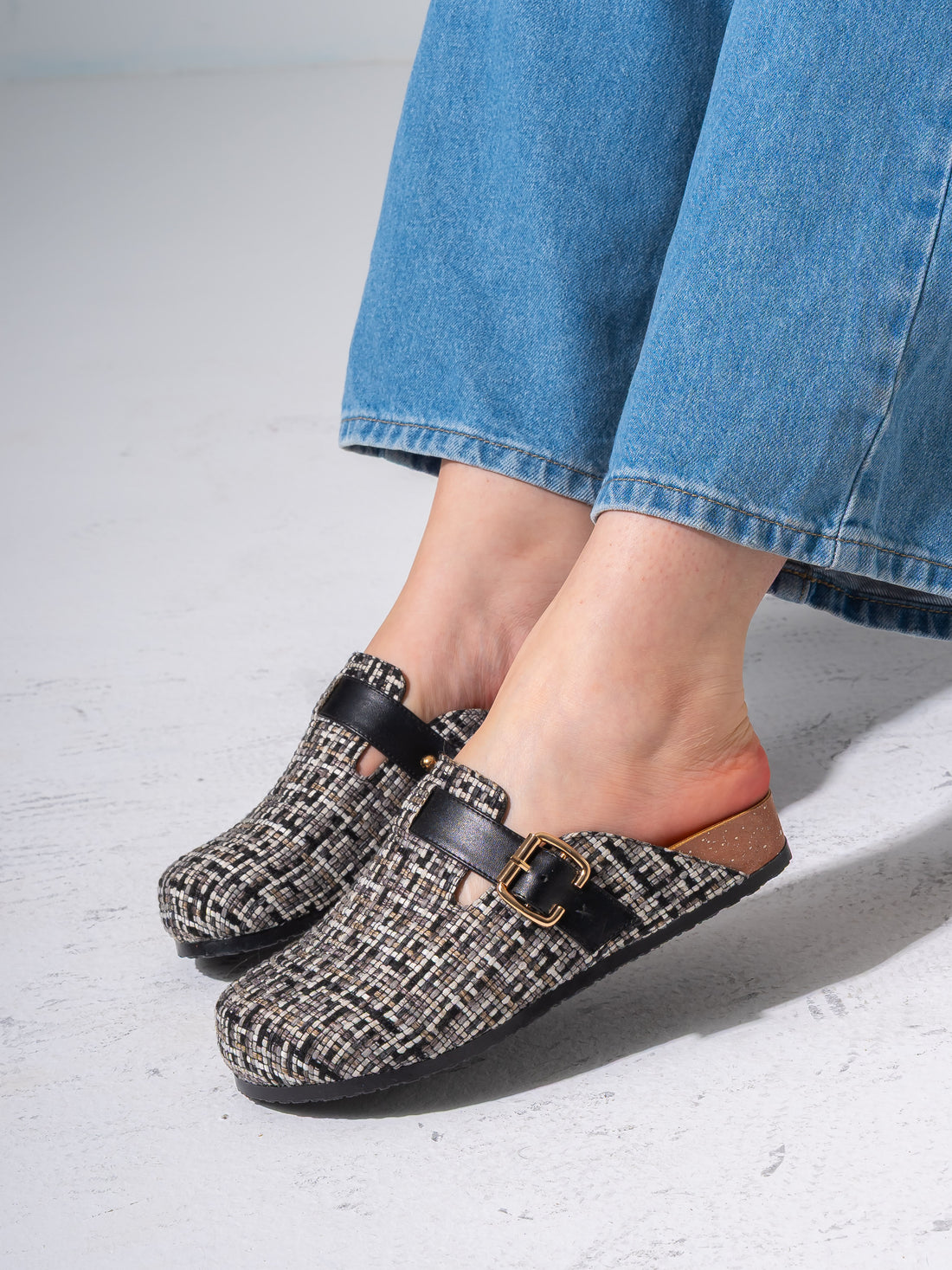 Tweed Buckle-Strap Clogs - BLACK