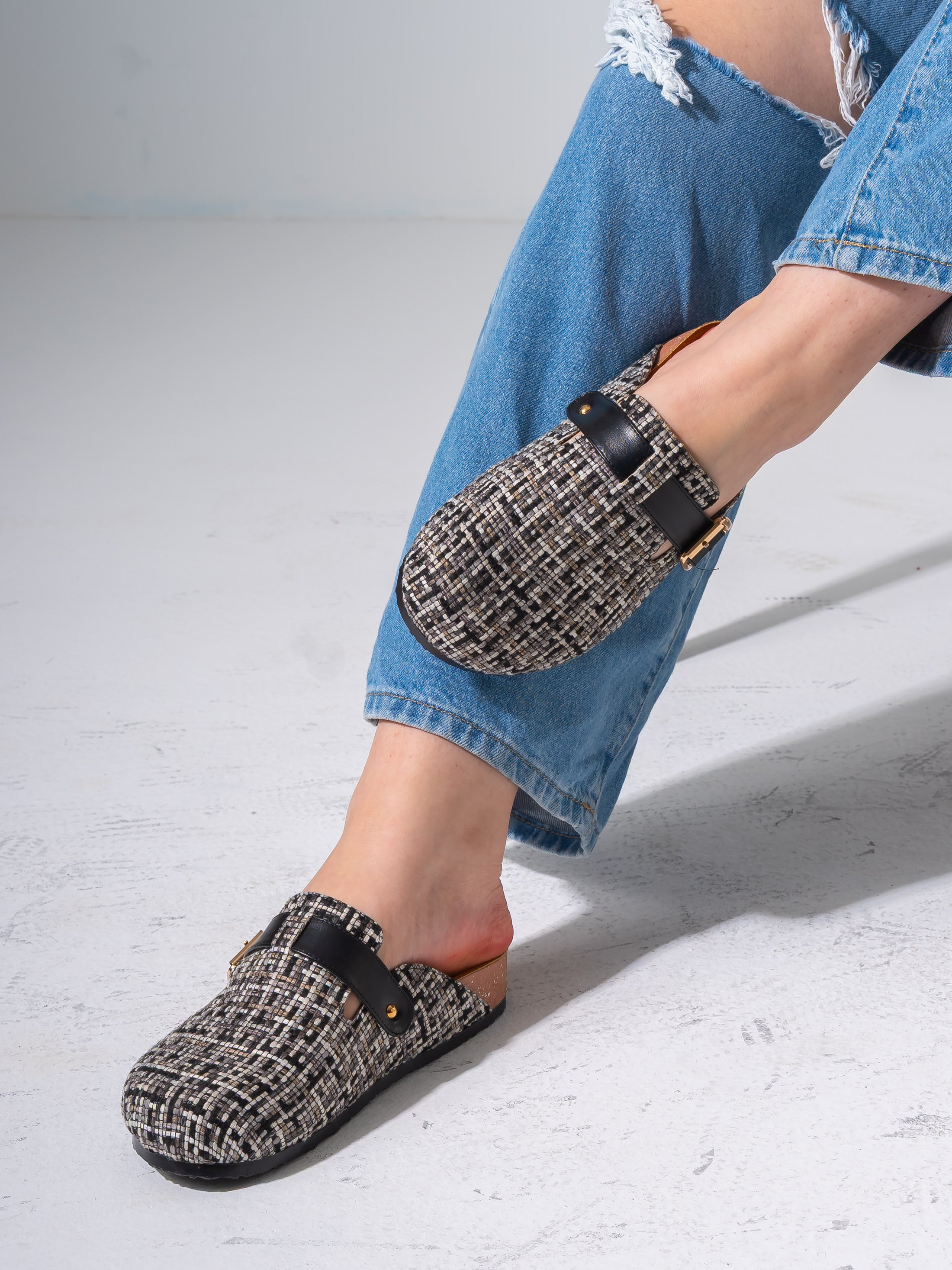 Tweed Buckle-Strap Clogs - BLACK