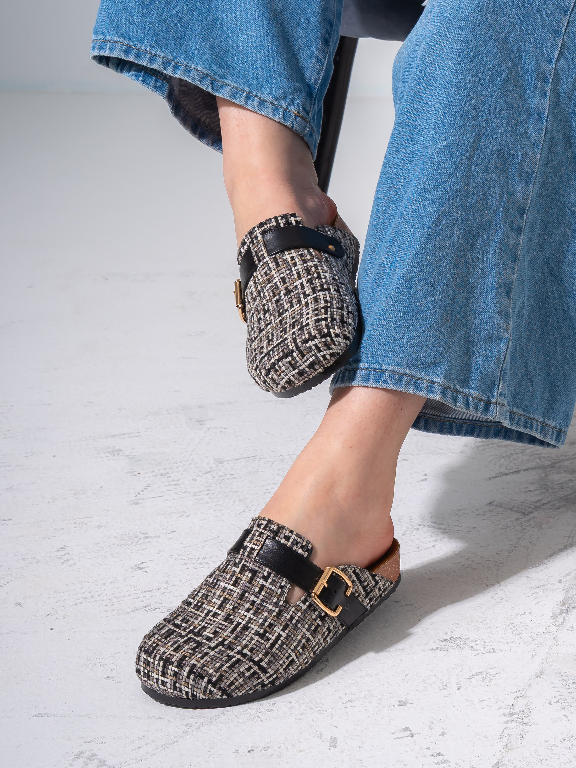 Tweed Buckle-Strap Clogs - BLACK