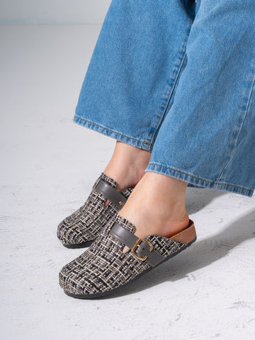 Tweed Buckle-Strap Clogs - GRAY