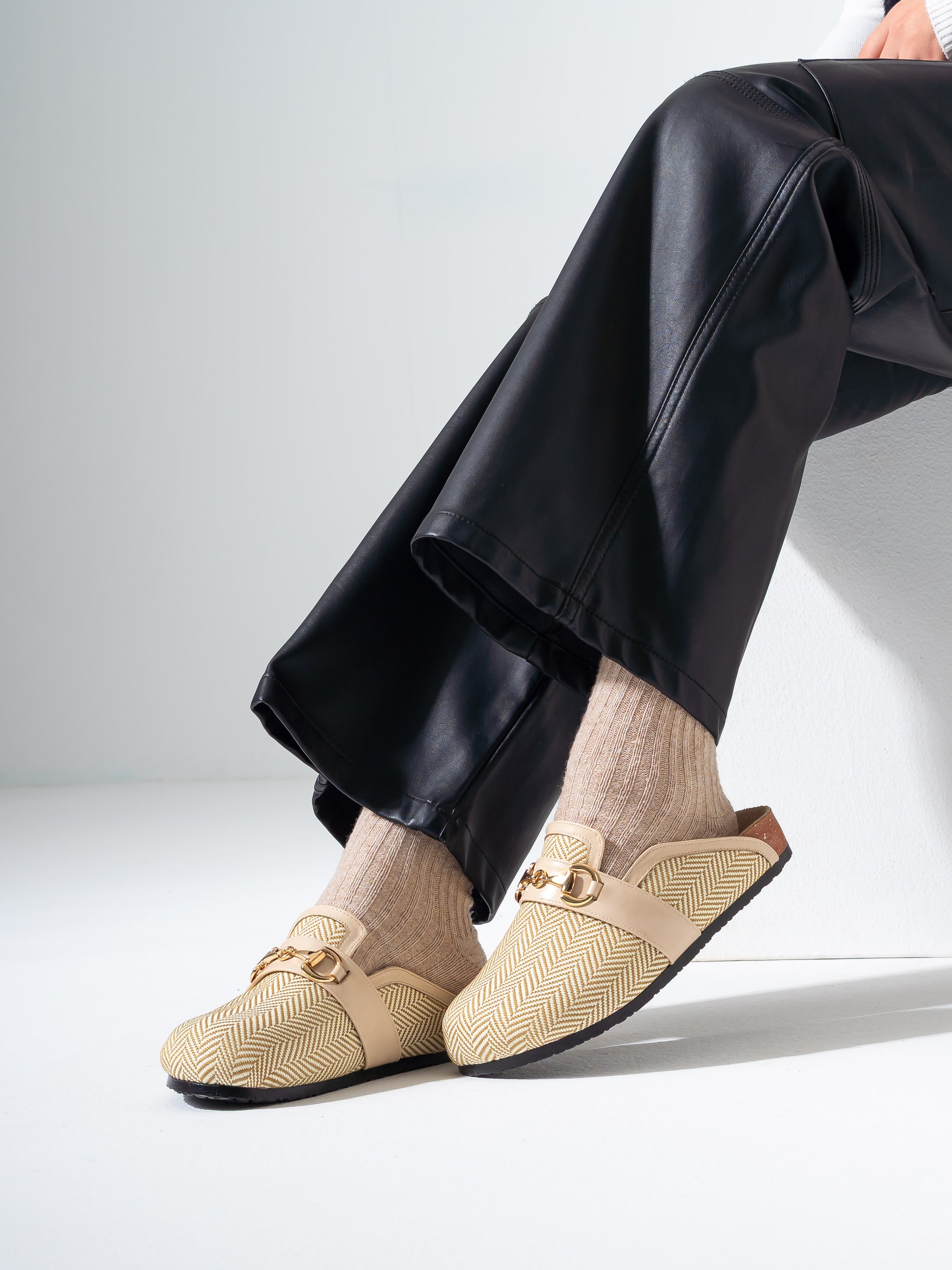 Chevron Woven Horsebit Clogs - BEIGE