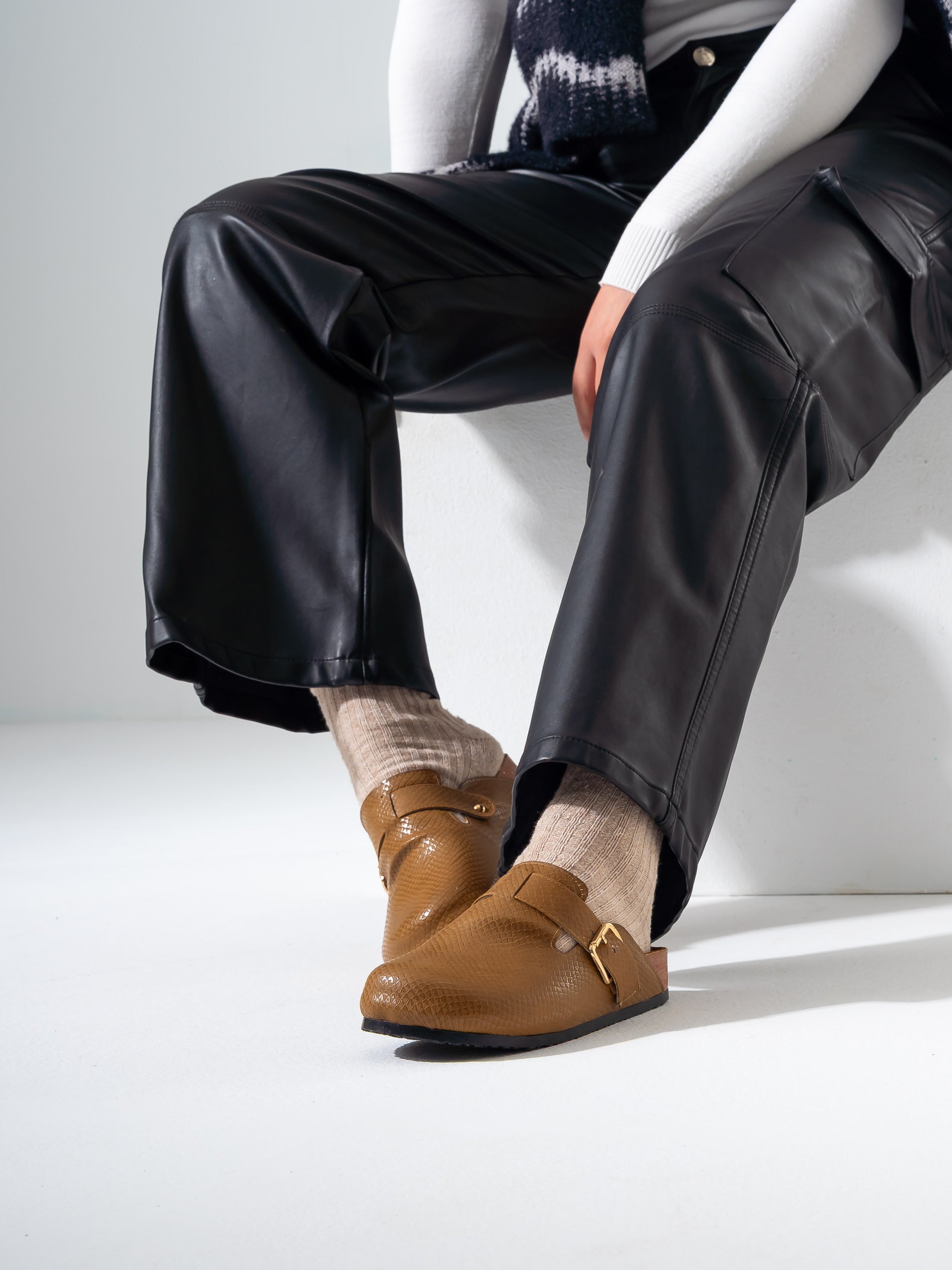 Snake-Embossed Buckle Clogs - CAMEL