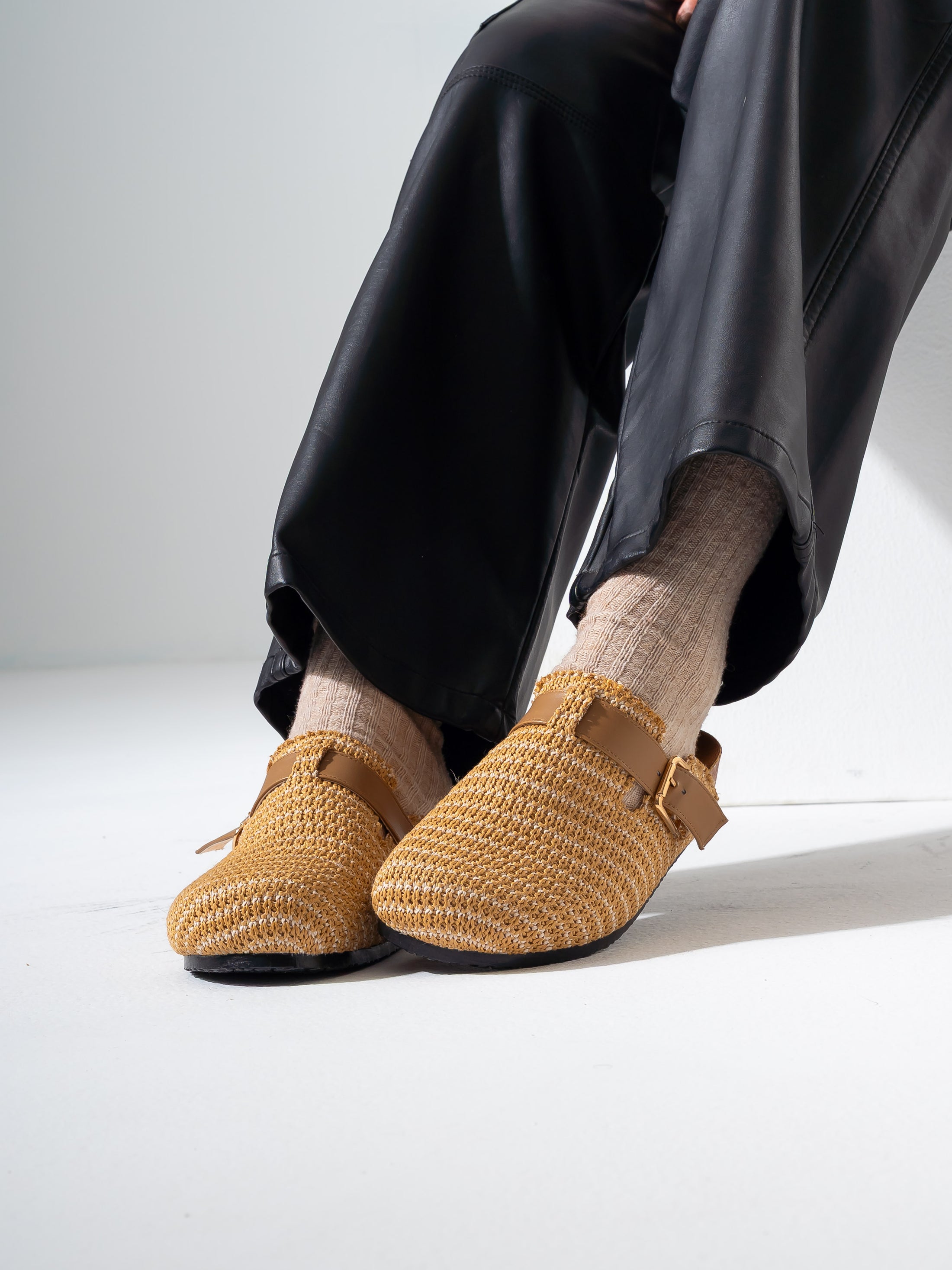 Woven Raffia Buckle Clogs - CAFE