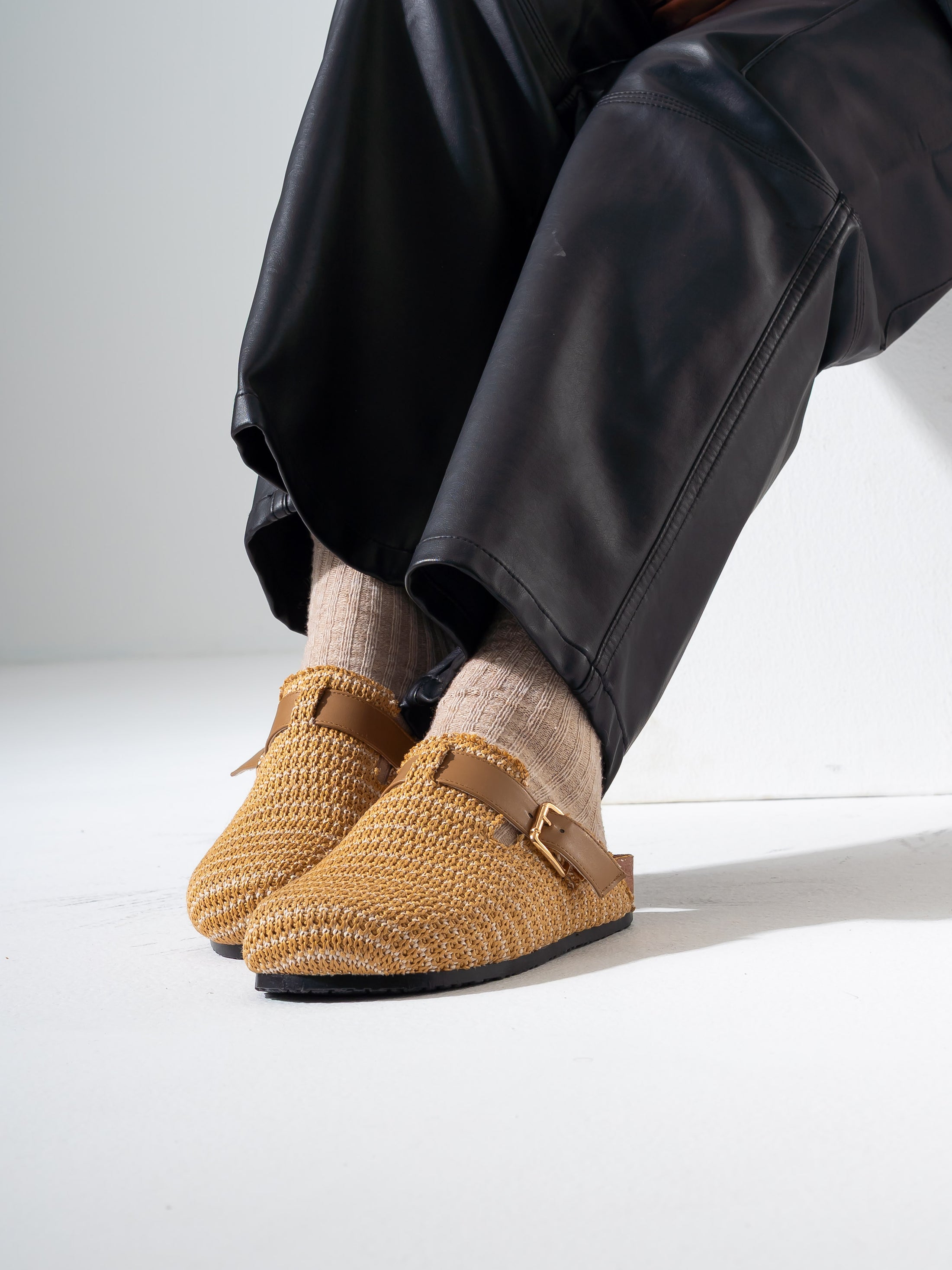 Woven Raffia Buckle Clogs - CAFE