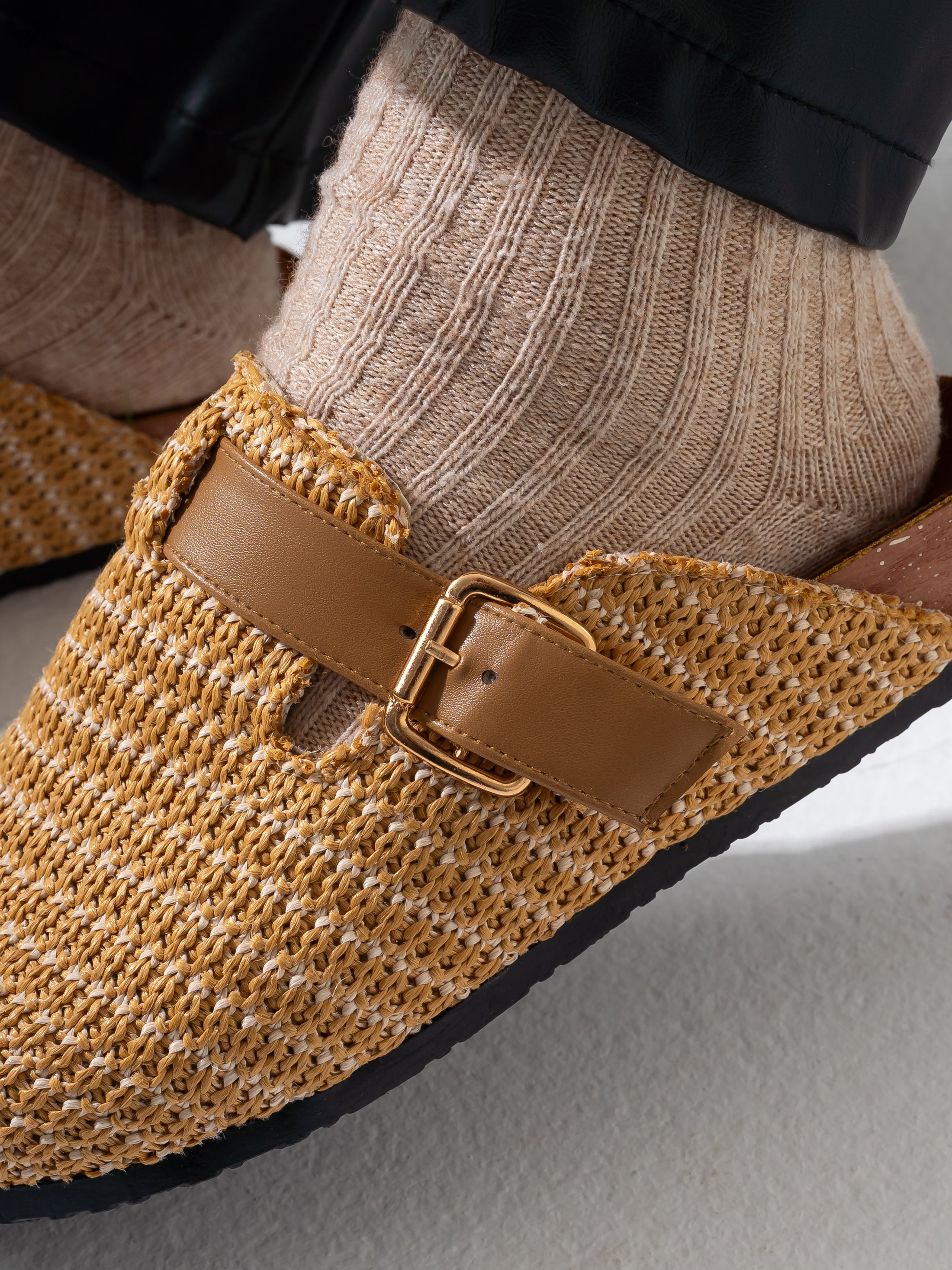 Woven Raffia Buckle Clogs - CAFE