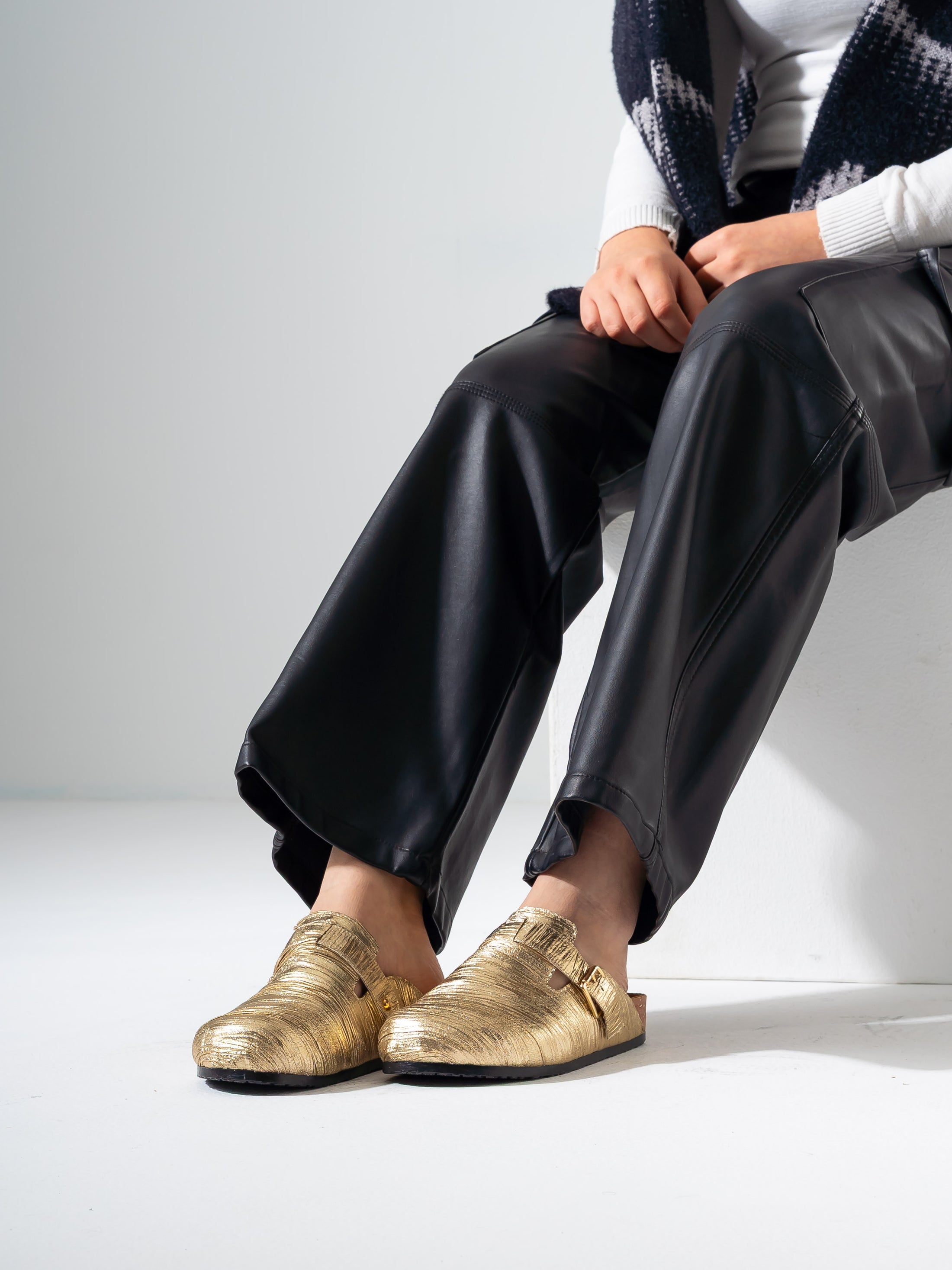 Metallic Ruched Slip-On Clogs - GOLD