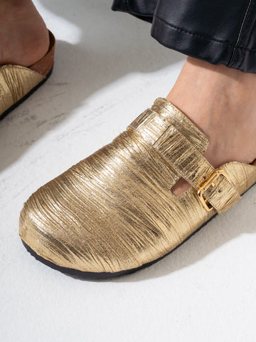 Metallic Ruched Slip-On Clogs - GOLD