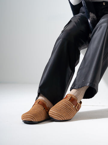 Woven Raffia Buckle Clogs - CAMEL