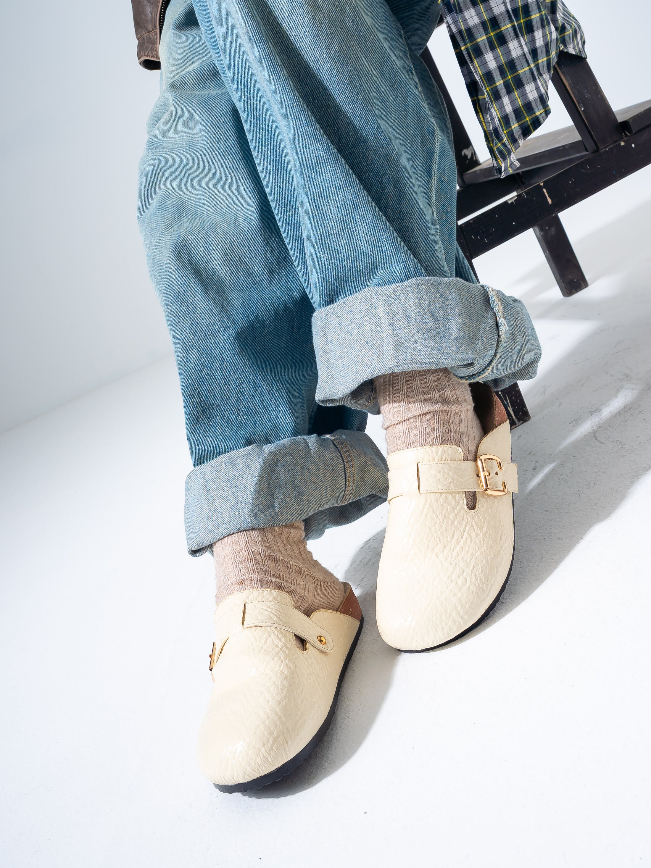 Textured Snake-Effect Buckle Clogs - BEIGE