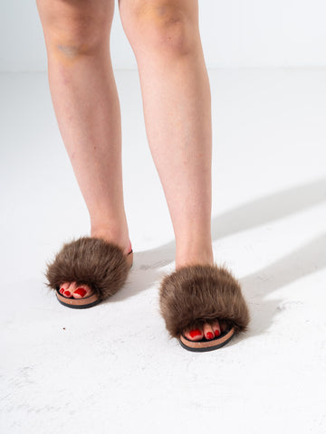 Faux Fur Single Band Slide - BROWN