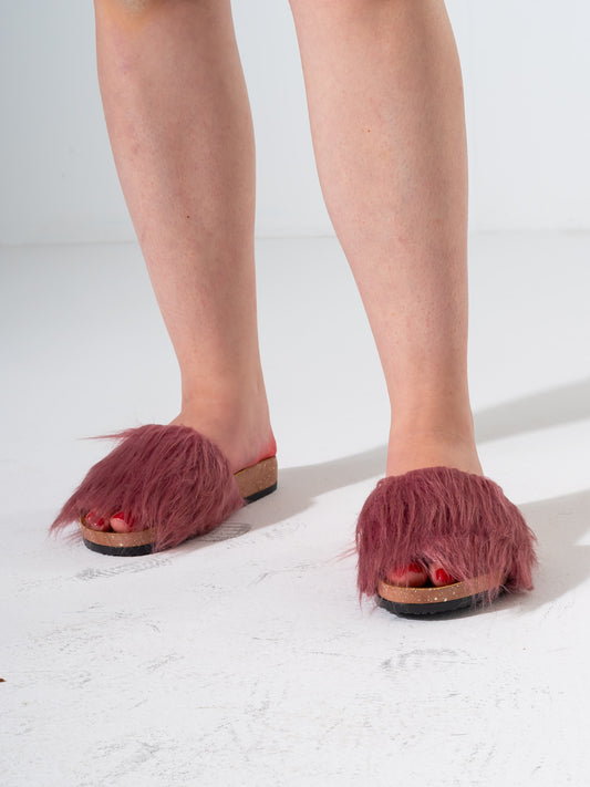 Faux Fur Single Band Slide - Dusty Rose