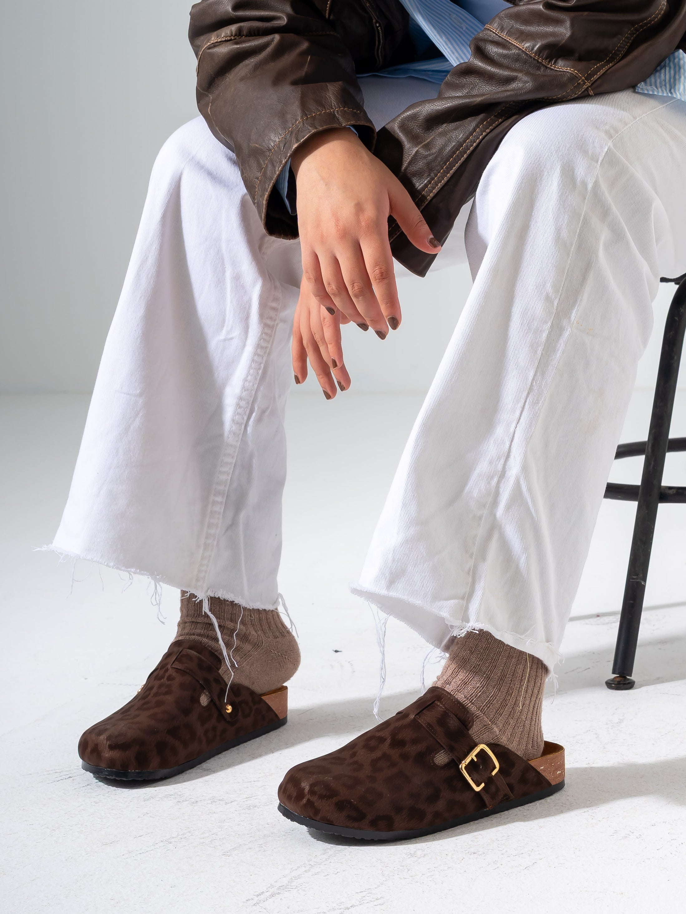 Animal Print Faux-Suede Buckle Clogs - BROWN