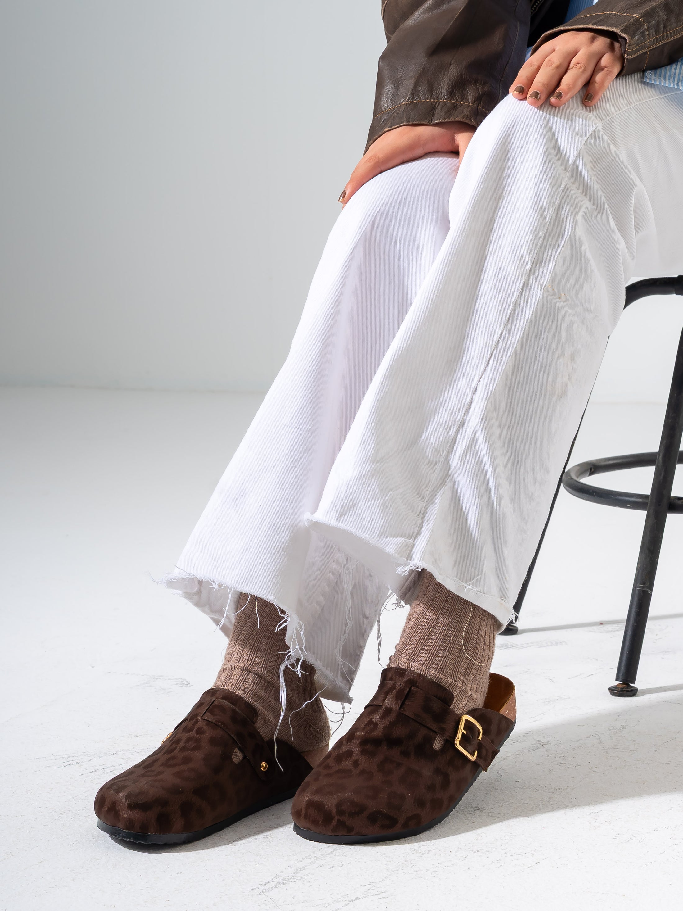 Animal Print Faux-Suede Buckle Clogs - BROWN